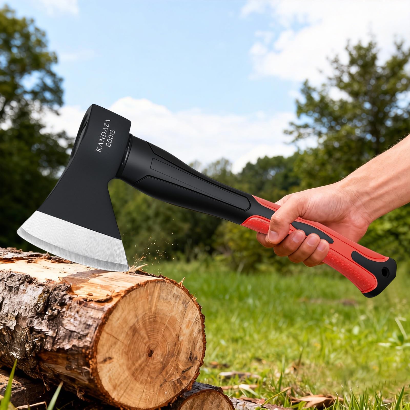 Petite hache en bois de 38,1 cm pour camping, randonnée, lame en acier au carbone forgé, poignée en fibre de verre absorbant les chocs, rouge