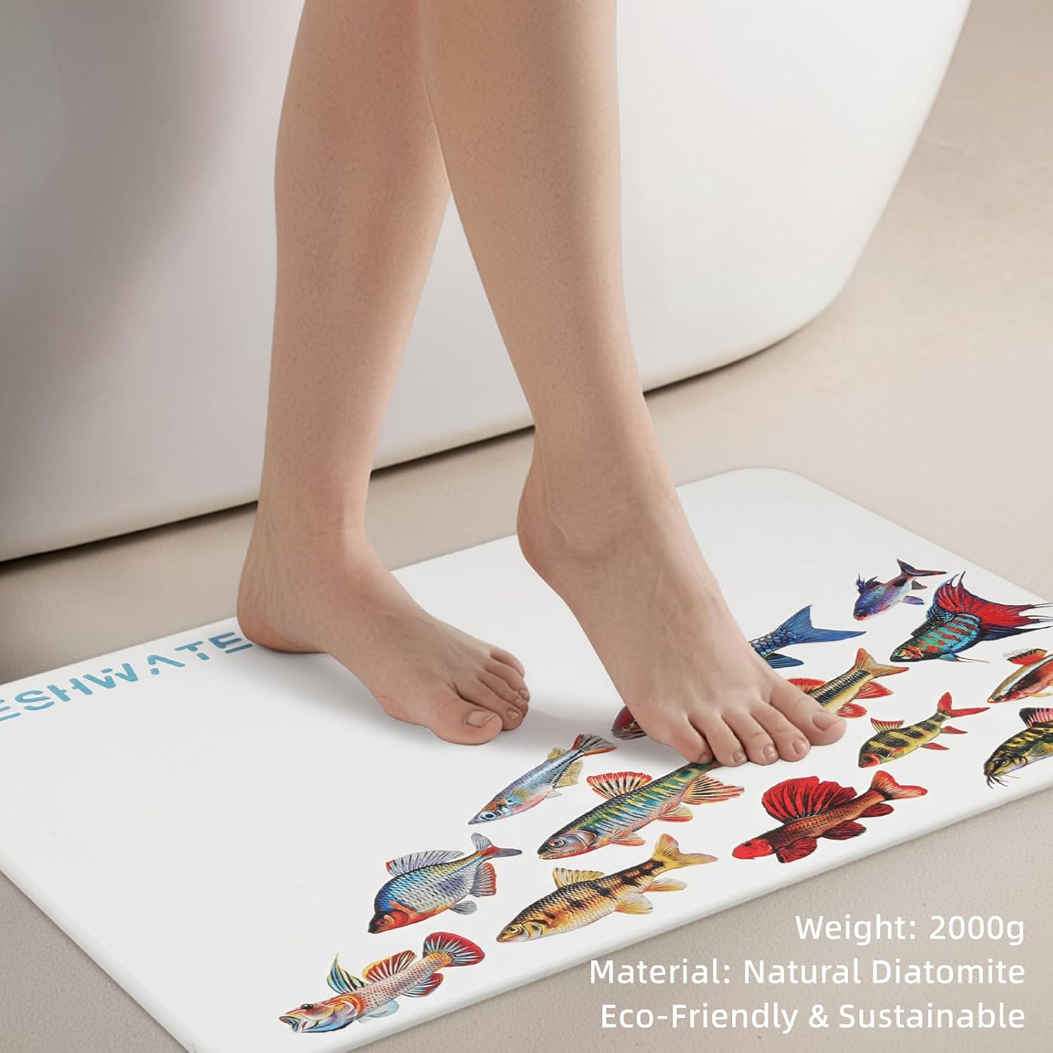 Diatomite Bath Mat 23.6x15.4 Inches with Freshwater Fish Pattern | Absorbent Diatomaceous Earth, Non-Slip, Natural Stone, For Bathroom and Kitchen