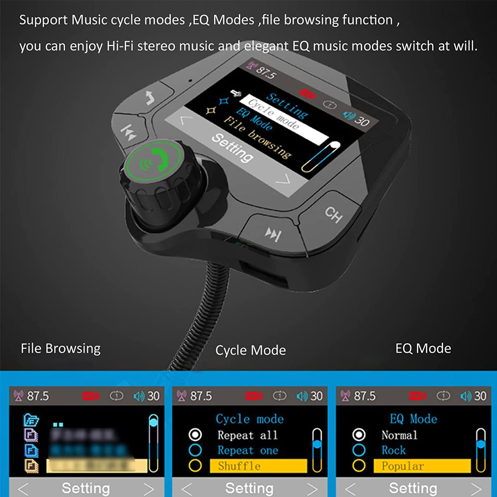 Kettles Transmisor de FM de Bluetooth para automóvil, Adaptador de transmisor de Radio de automóvil Bluetooth MP3 Music Player Manos Kit de Coche Libre QC 3.0 Adaptador de Cargador de automóvil