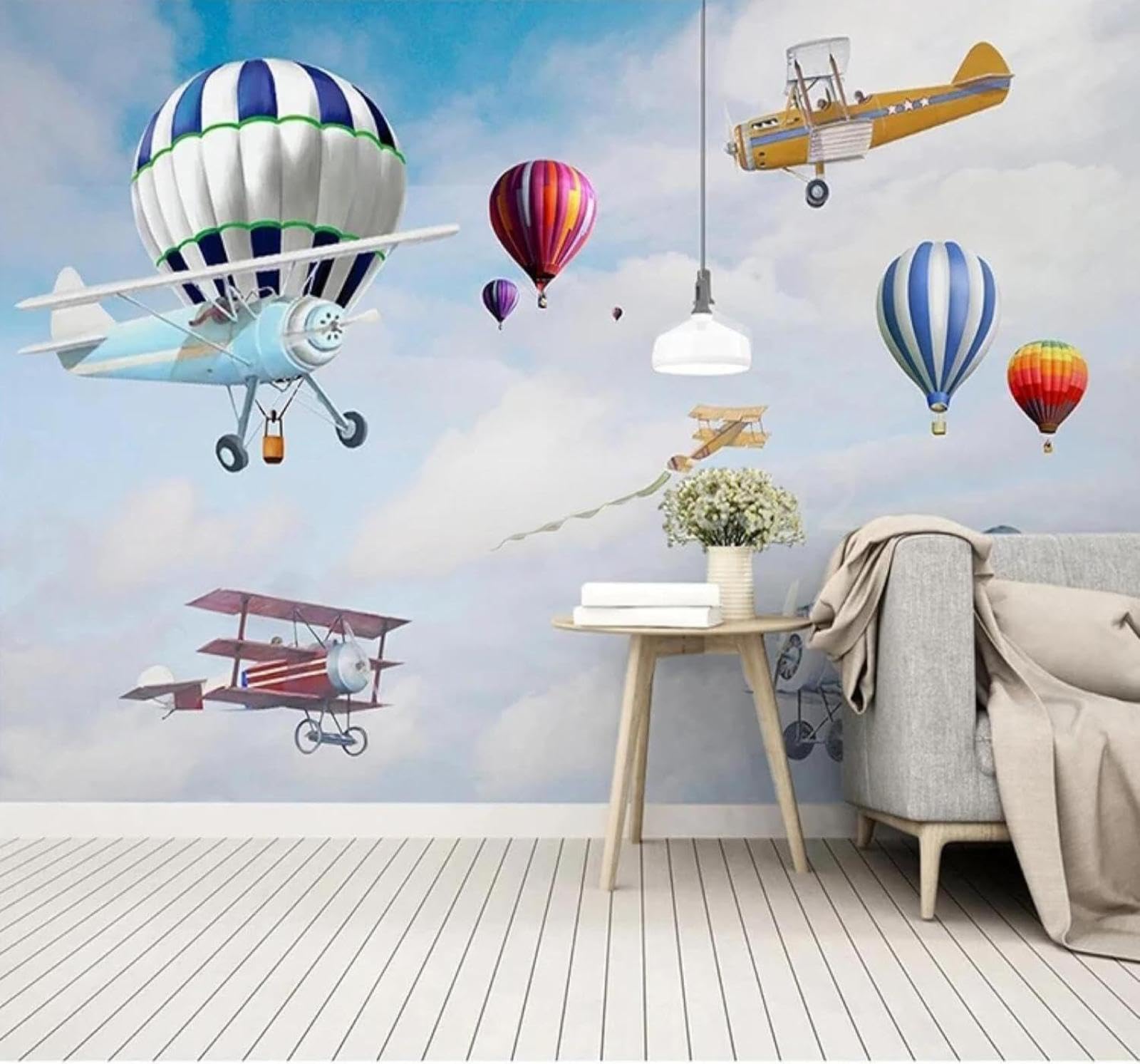 XLMING Minimalist Cartoon Hot Air Balloon Aeroplane Sky 3D Wallpaper Silky Texture Home Study Office Grey Dining Room Sofa Bedroom Living Room TV Backdrop-430cm×300cm