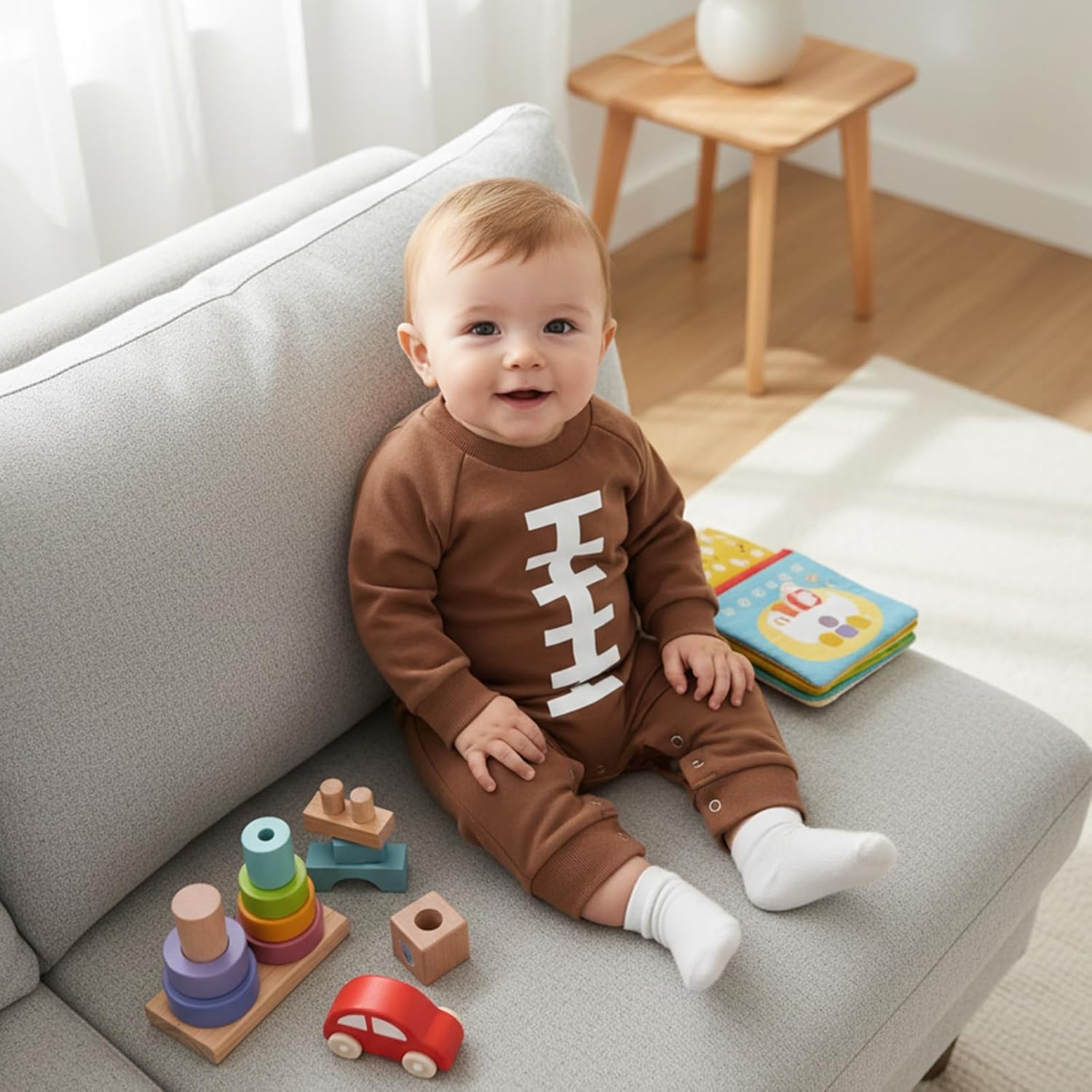 allshope Newborn Baby Boy Girl Fall Outfit Romper Sweatshirt Football Rugby Print Jumpsuit Bodysuit Infant Clothes - Image 5