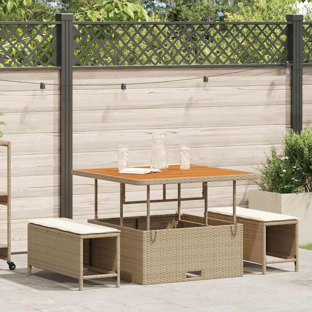 Salon de jardin polyrotin beige haut de gamme avec plateau noble en bois d'acacia