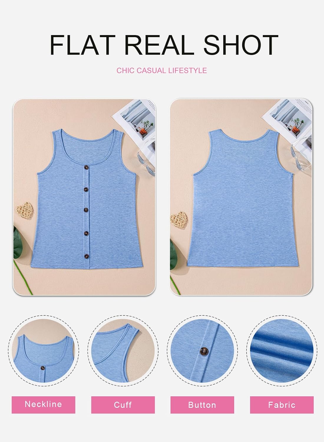 SHEWIN Womens Tank Tops Solid Button Crewneck Sleeveless Summer Tops Loose Fit - Image 6