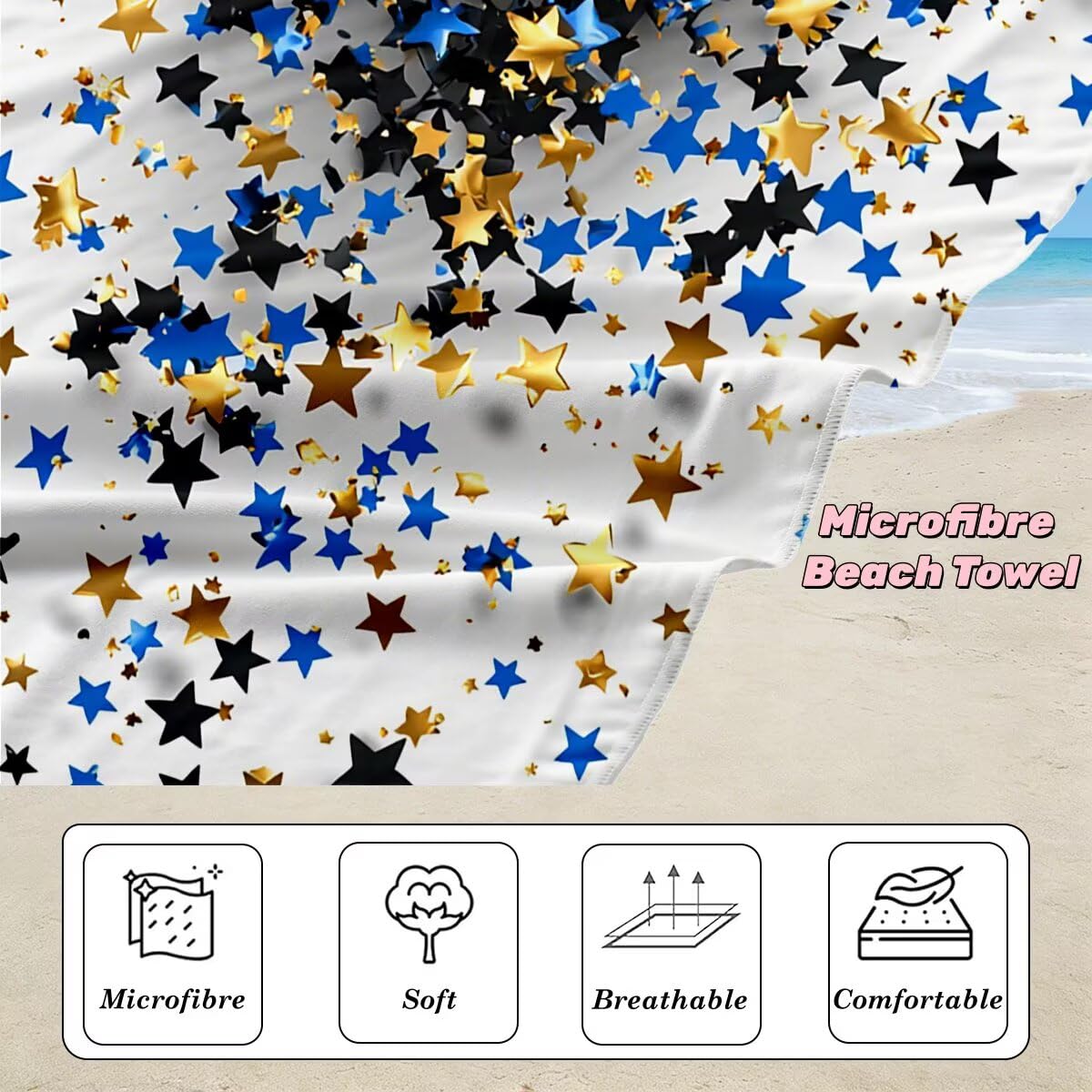 Serviette de Plage XXL 70x140 cm, Lot de 2 Serviette de Bain Microfibre, Anti Sable Serviettes Plage, Séchage Rapide Drap de Bain pour Homme Femme, Portable Fine Serviettes pour Fitness (Étoile) -4745