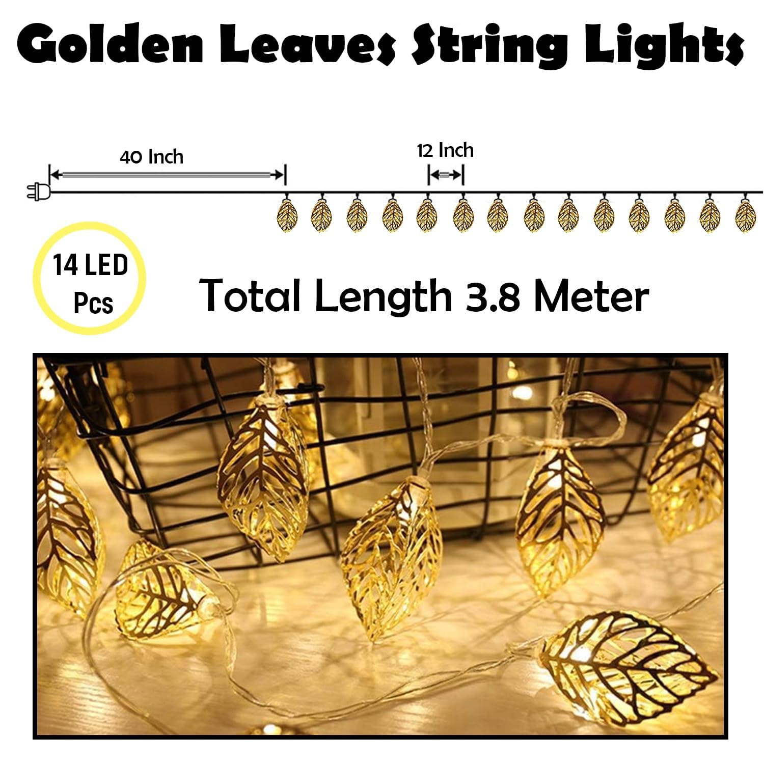 Party Propz Leaf Light for Decoration - 14 Led, 14ft, Golden Metal String Light for Home Decorations, Aesthetic Room Decor Lights, Led Lights for Decoration, Ganpati Decoration Light Led