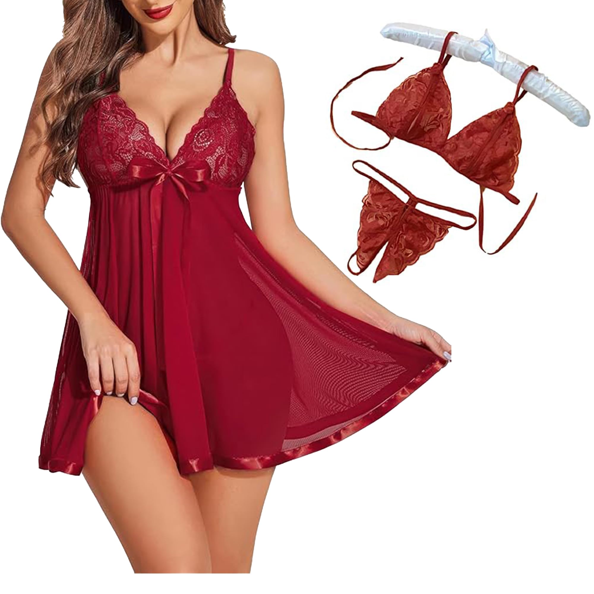 Women's Lace Babydoll Lingerie Set, Red, V-Neck Slip Dress with Matching Bra and Thong-picture-15