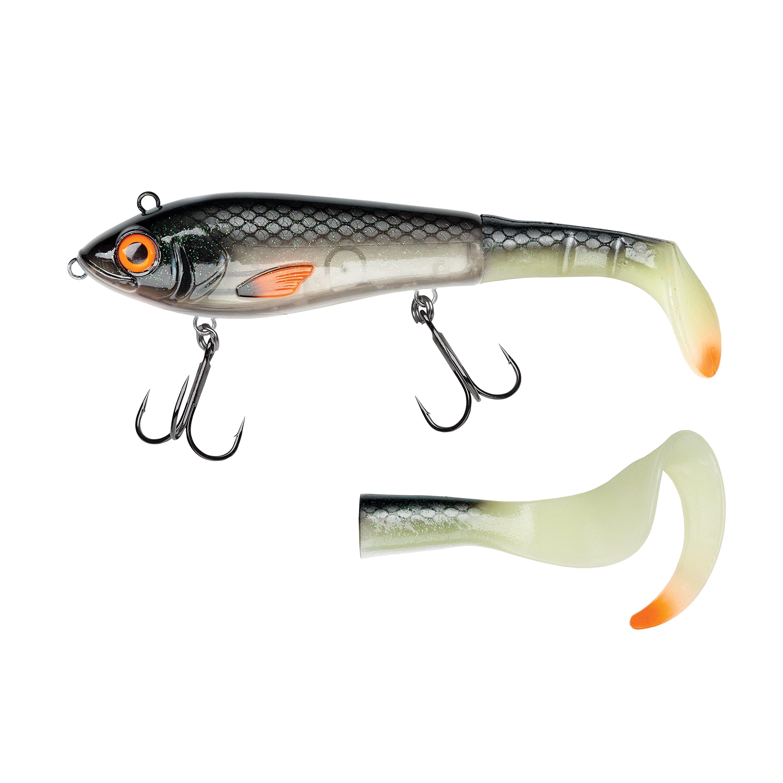 Abu Garcia Svartzonker McHybrid Fishing Hook | Hard Lures, Predator Fishing, Pike | Supplied with Paddle Tail and Curl Tail - 74g | 165mm - Glow Shad