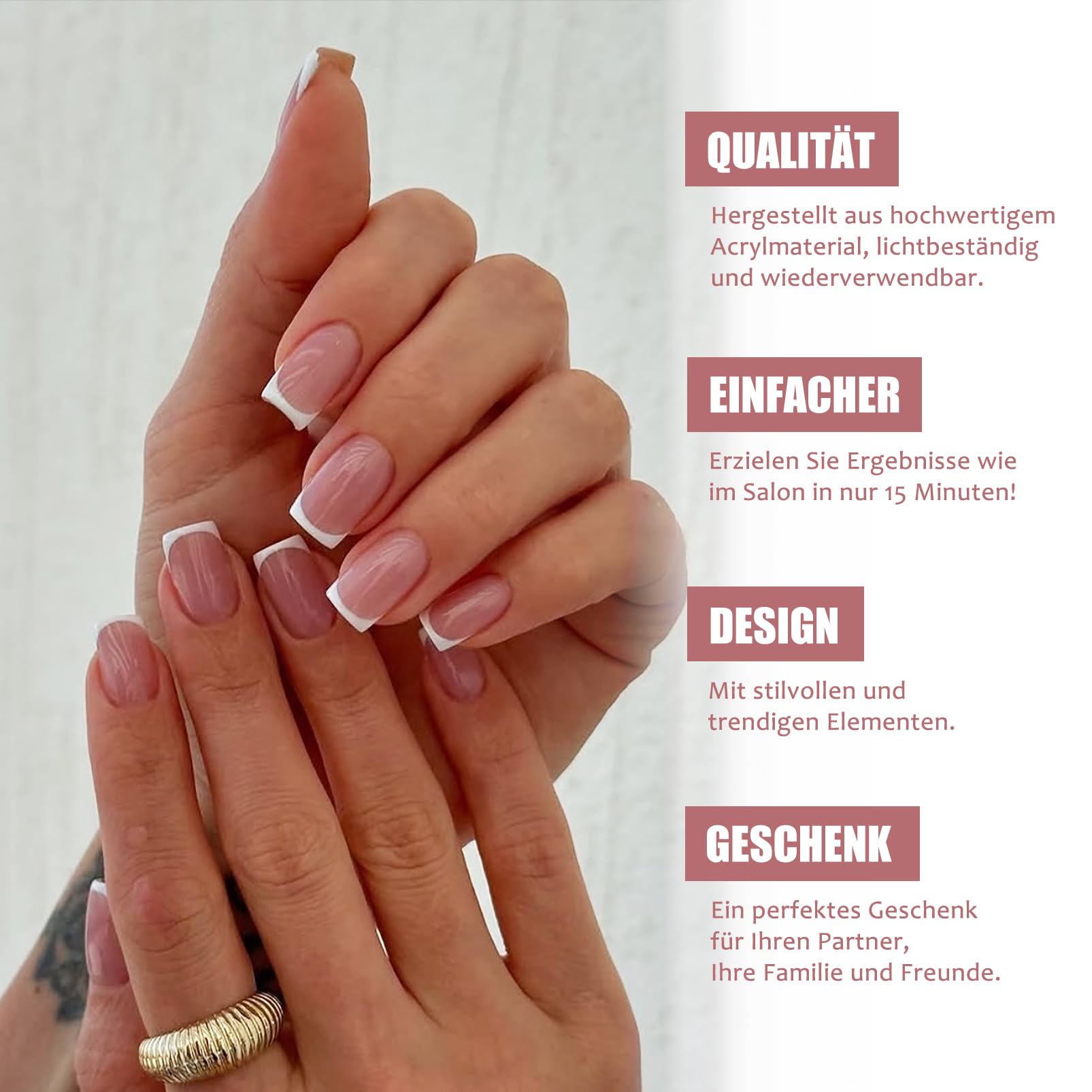 French Press On Nails, nagie różowe paznokcie do naklejenia, krótkie kwadratowe, 24 sztuki błyszczące sztuczne paznokcie, błyszczące sztuczne paznokcie z klejem do paznokci, Supremely Fit paznokcie
