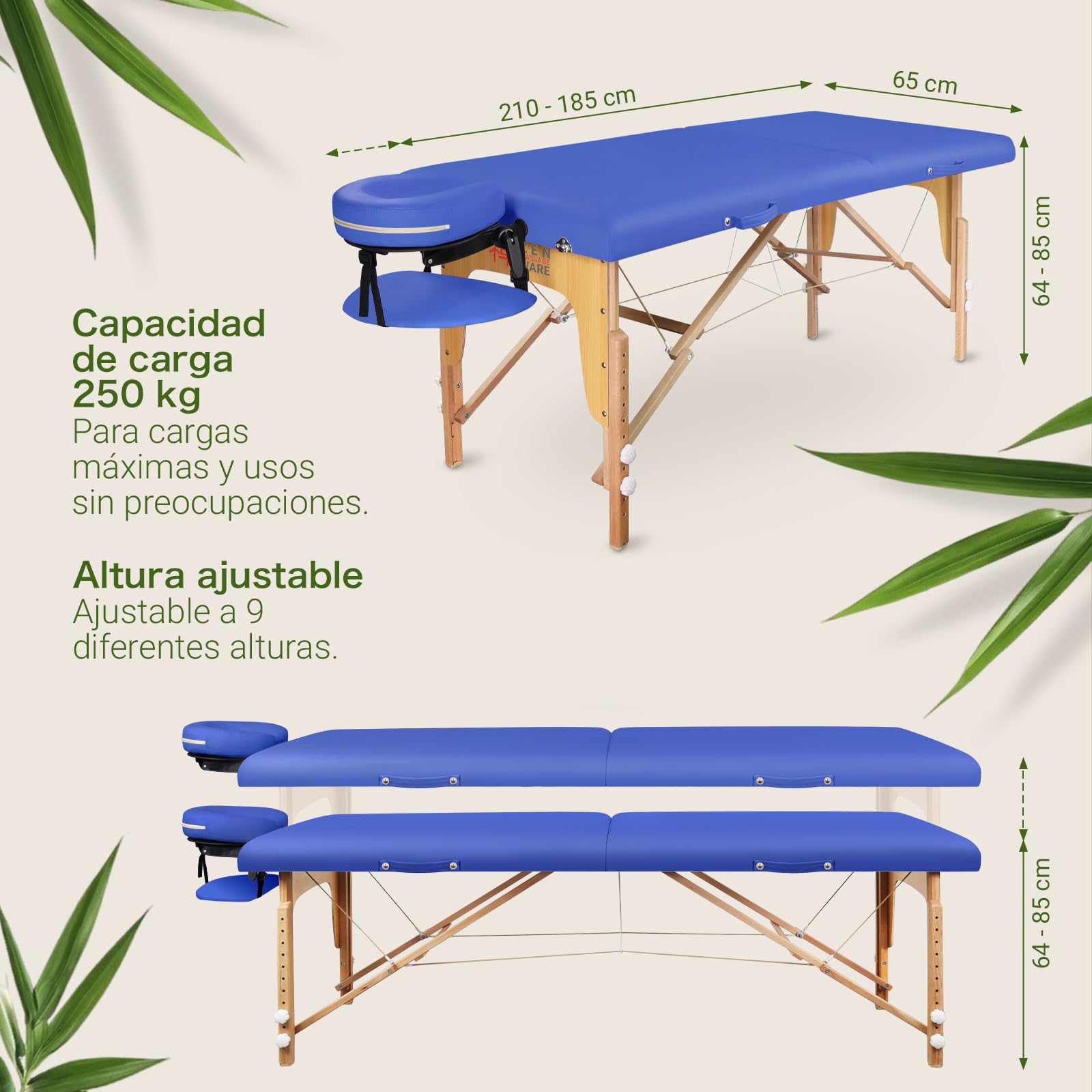 Zen – Camilla Masaje Plegable Mobile Startup de Altura Regulable - Camilla estetica sólida de Madera Maciza - Camilla Plegable con cabecera Regulable, reposabrazos y Bolsa de Transporte Azul Real