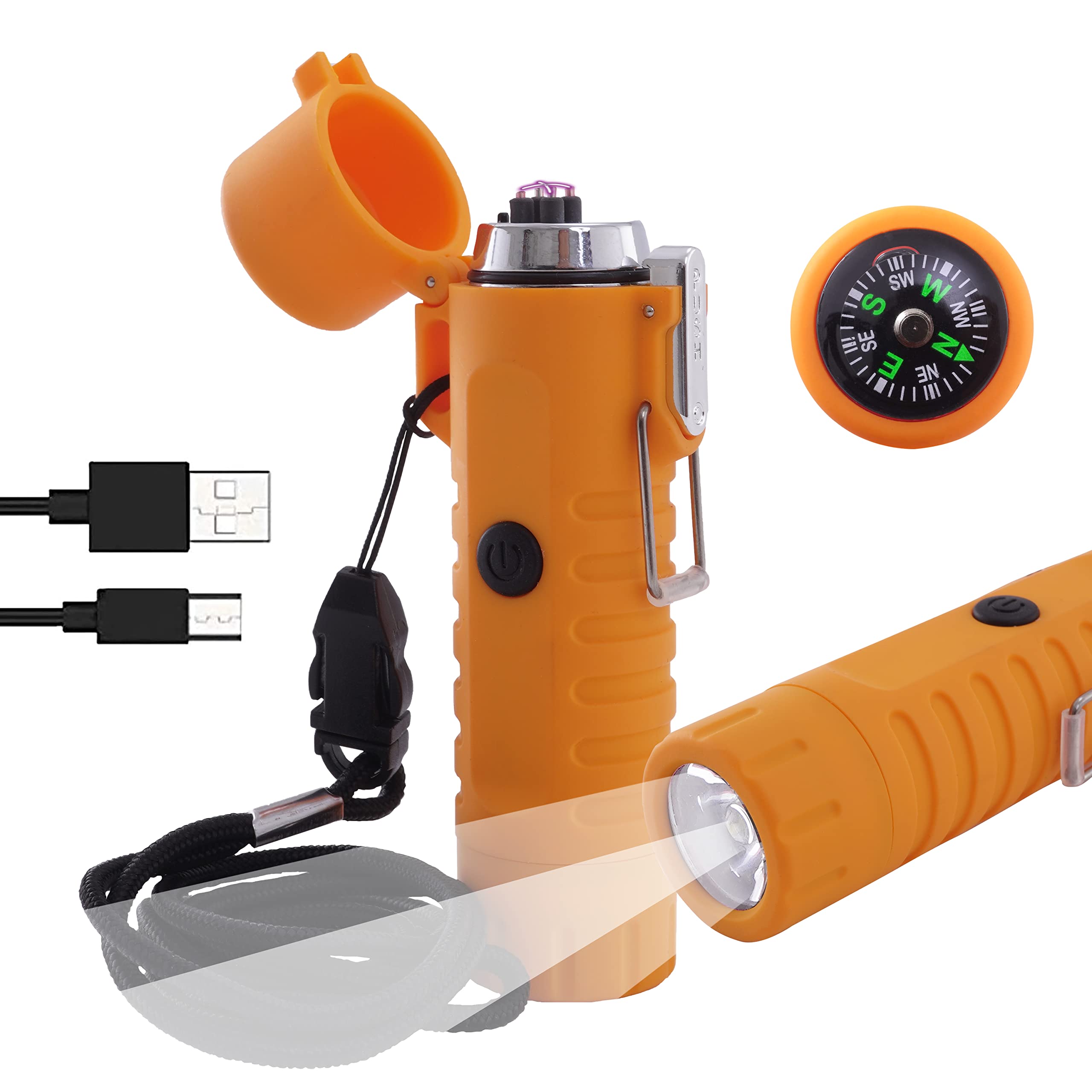 Electric.Lighter USB Rechargeable Lighter with LED Flashlight& Compass Windproof Arc GasLighter Waterproof Dual Arc Plasma GasLighter (Orange)-picture-16