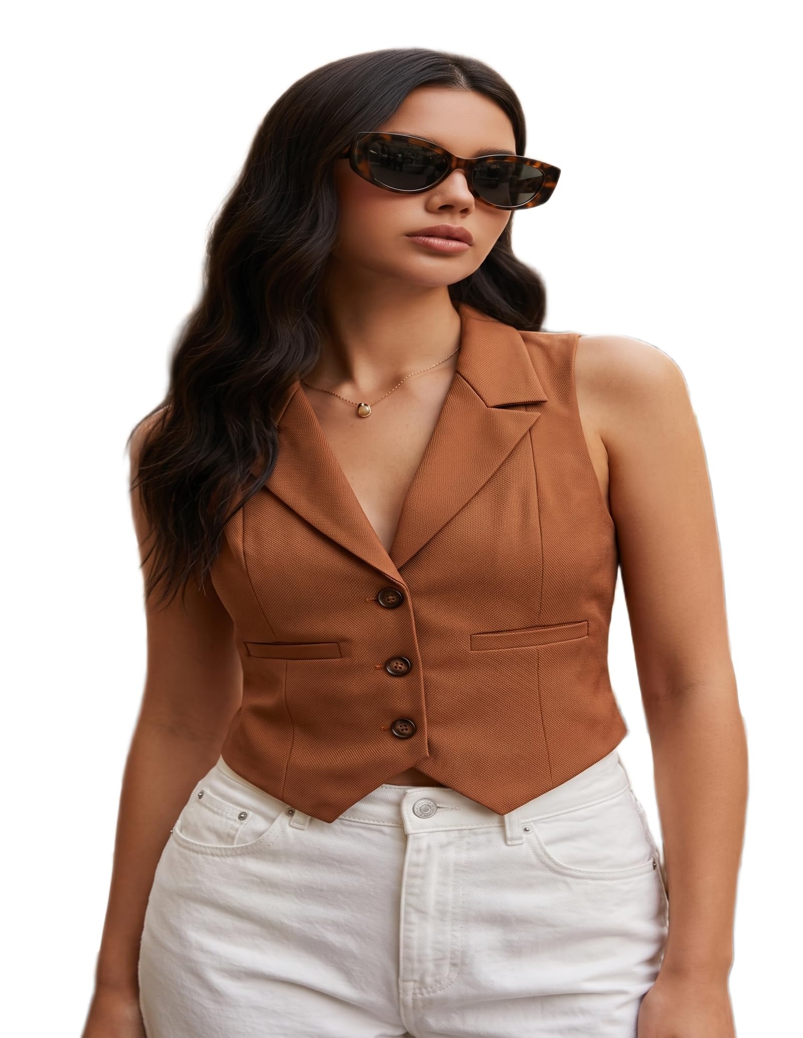 maykr Women's Rust Modern Tailored Vest Waistcoat Sleeveless V-Neck Chic Vest-picture-36