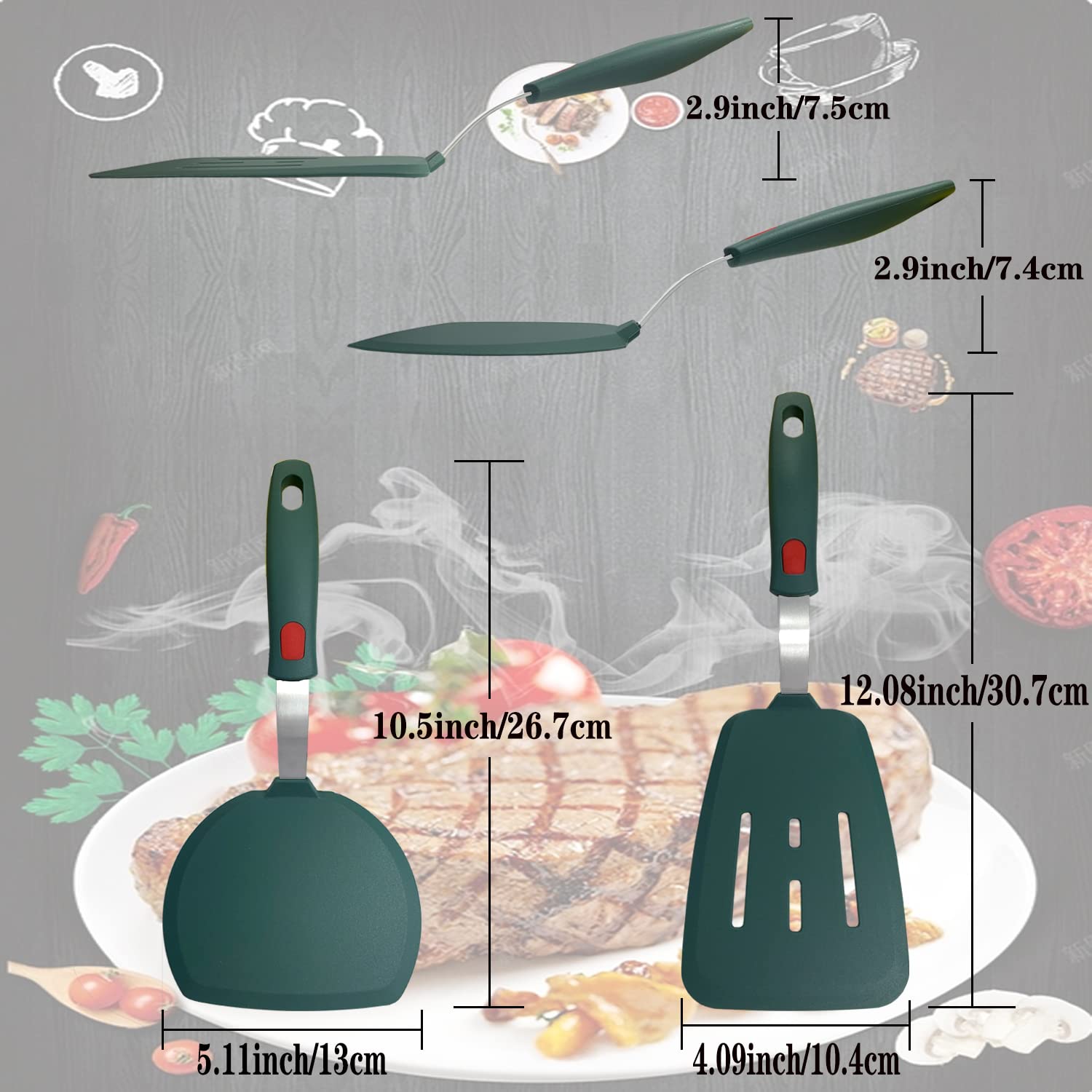 Silikon-Pfannenwender, Set mit 2 Stück, für antihaftbeschichtetes Kochgeschirr, Tenta Tenta, Küchenspatel, runder Pfannkuchen-Spatel, Silikon, 315 °C, klassisches Gummi-Spatel-Set zum Kochen, grau