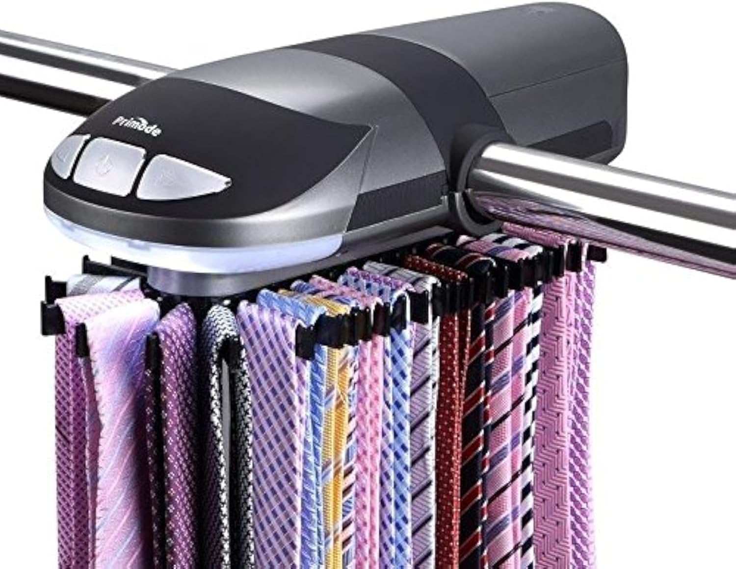 Primode Motorized Tie Rack Stores Up to 50 Ties– Closet Organizer, Holds & Displays Up to 50 Ties Or Belts, Rotation Operates with Batteries. Great Gift Idea for Fathers Day