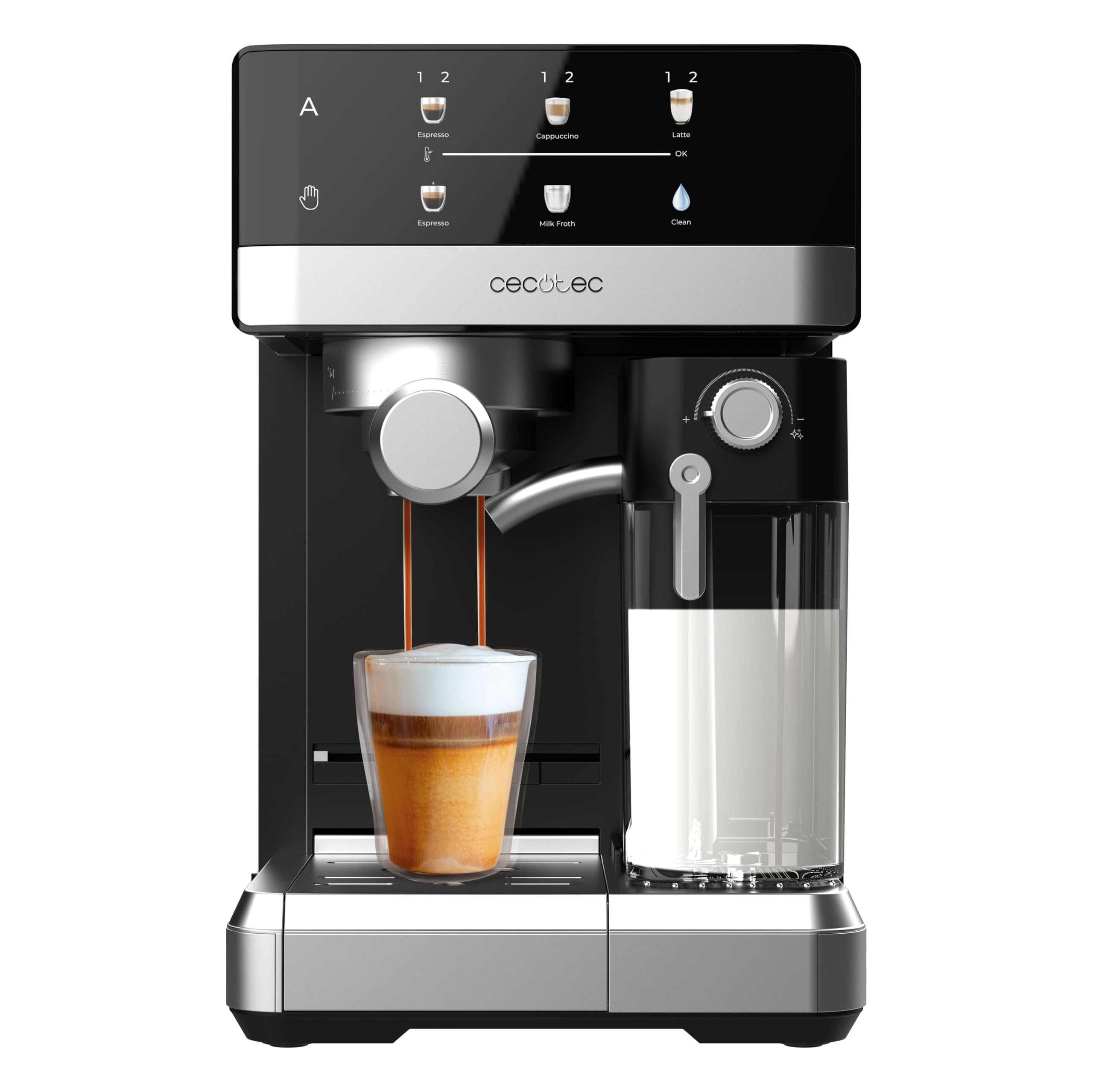 Cecotec Cafetera Express Power Espresso 20 Touch & Cream +. 1350W, 20Bares, Pantalla Táctil Recetario, Espumador, Thermoblock, Depósito Leche 500ml, Agua 1.8L, Autolimpieza, Accesorios