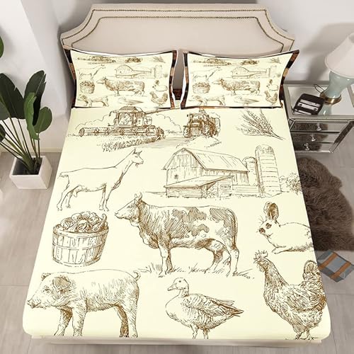 Capa de edredom de fazenda rústica com cavalo, lençol com elástico de vaca e porco, trator de fazend