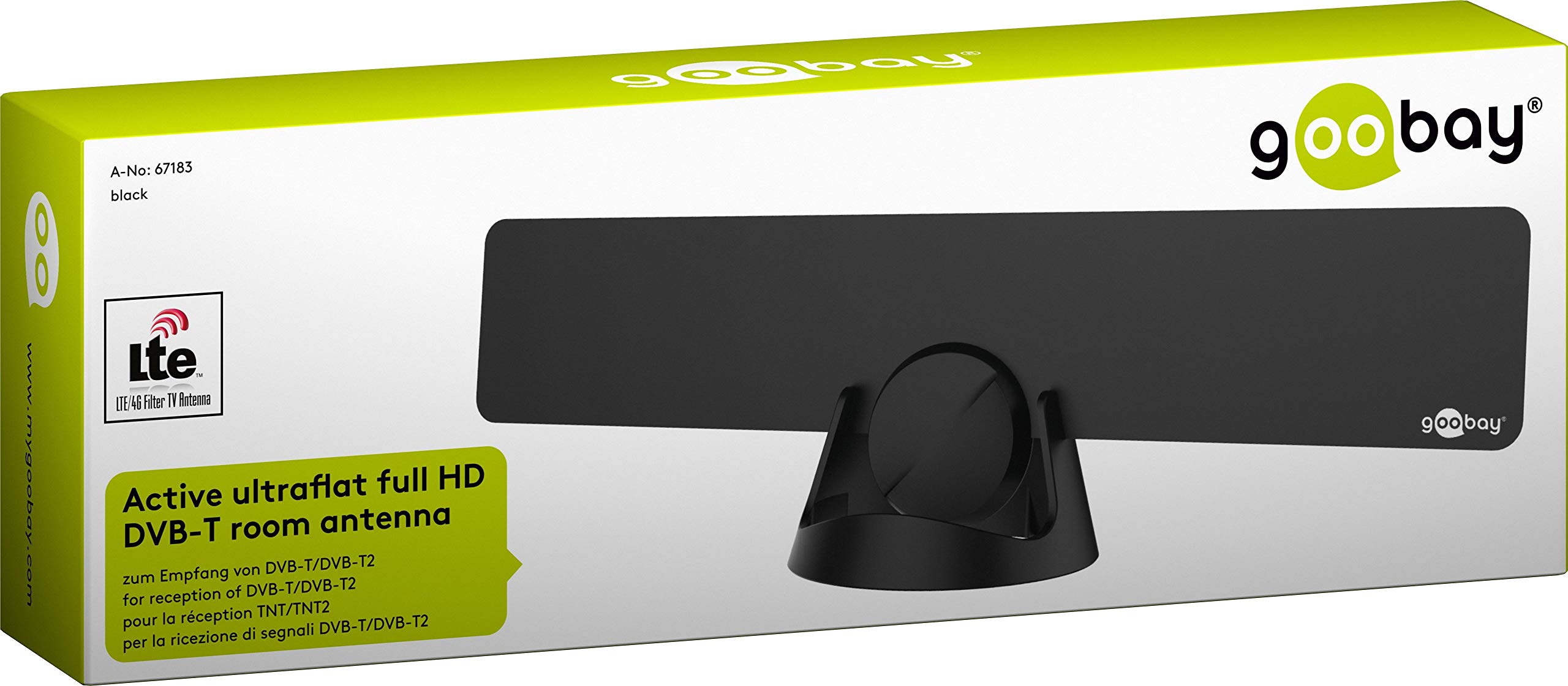 Goobay 67183 Antenna ultrapiatta Attiva per Interni Full HD DVB-T, Incl. Filtro LTE/4G, Nero