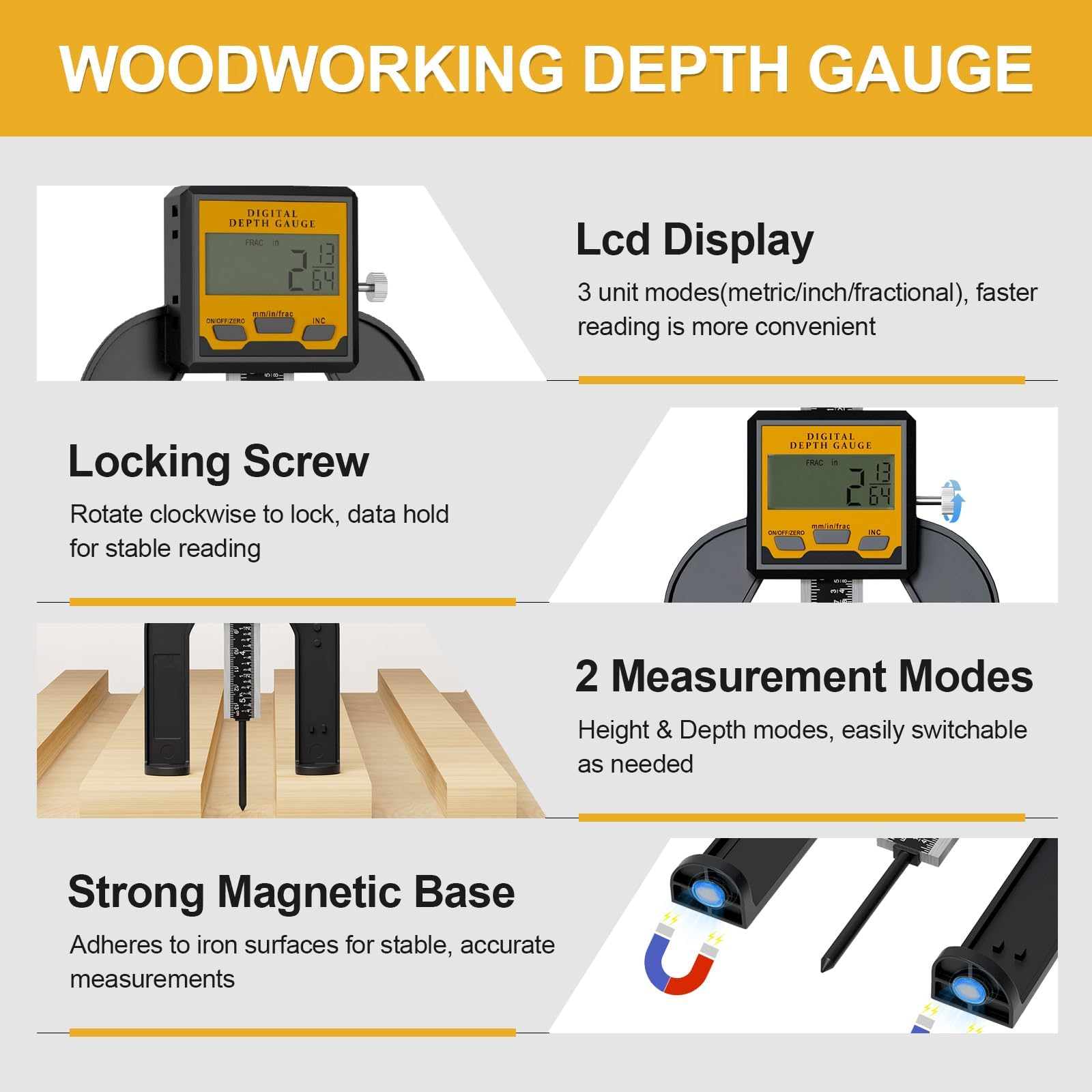 Exqutoo Lot de 3 outils numériques pour le travail du bois - Jauge de profondeur numérique - Inclinomètre magnétique à 4 côtés inclus - Outils de mesure pour le travail du bois, la construction, la