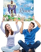 Vista 5 de Queekay Letrero de Pascua para patio, decoración al aire libre, letrero de jardín con texto en inglés "Happy He Is Risen", letrero de pascua