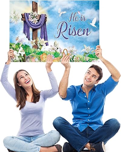 Miniatura 5 de Queekay Letrero de Pascua para patio, decoración al aire libre, letrero de jardín con texto en inglés "Happy He Is Risen", letrero de pascua