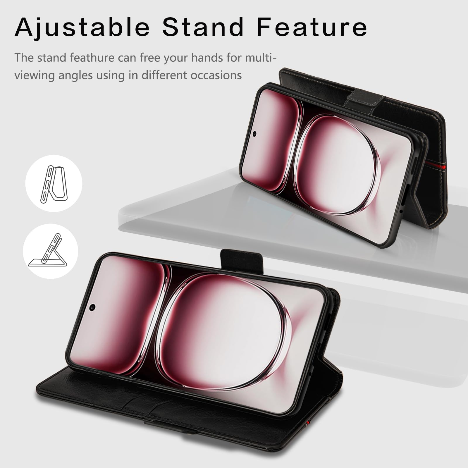 Cover Per Oppo Reno 12 Pro 5G, Custodia Flip Pelle Portafoglio, Magnetica Libro Slot Schede Reno 12 Pro Cover, Silicone TPU Bumper Wallet con Supporto Antiurto Case Per Oppo Reno12 Pro Nero