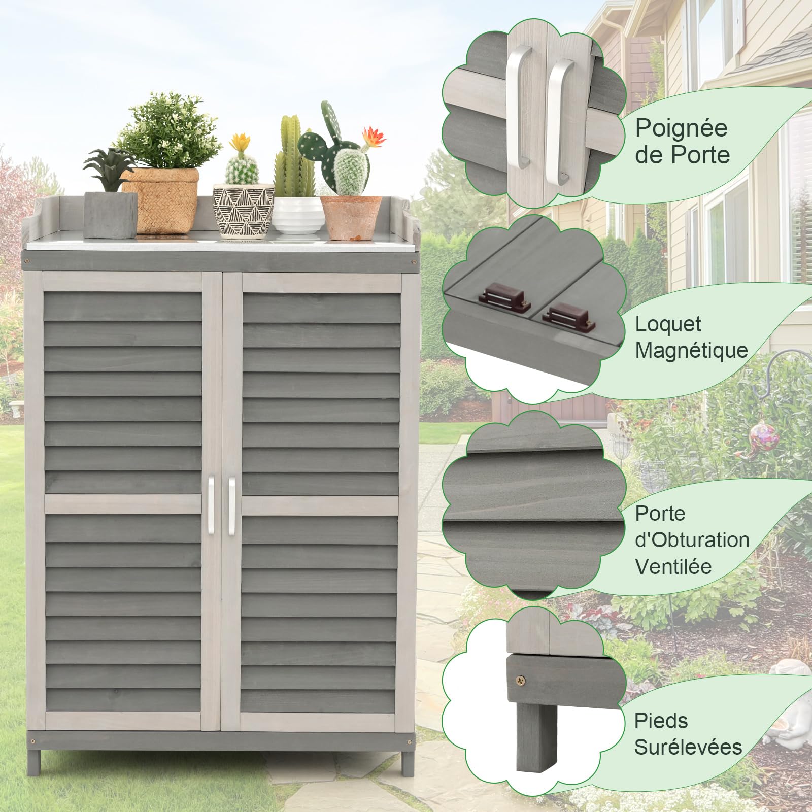 GOPLUS Table de Rempotage de Jardin en Bois de Sapin, 67 x 46 x 99,5 CM, Armoire de Rangement Extérieur, Plateau en Métal, Étagère, 2 Porte Magnétique Persiennes, Rideaux Latéraux, pour Outil, Plante