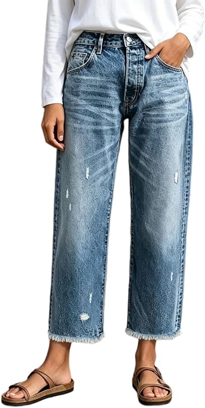 Womens Jeans High Waisted Straight Leg Jeans Cropped Denim Pants