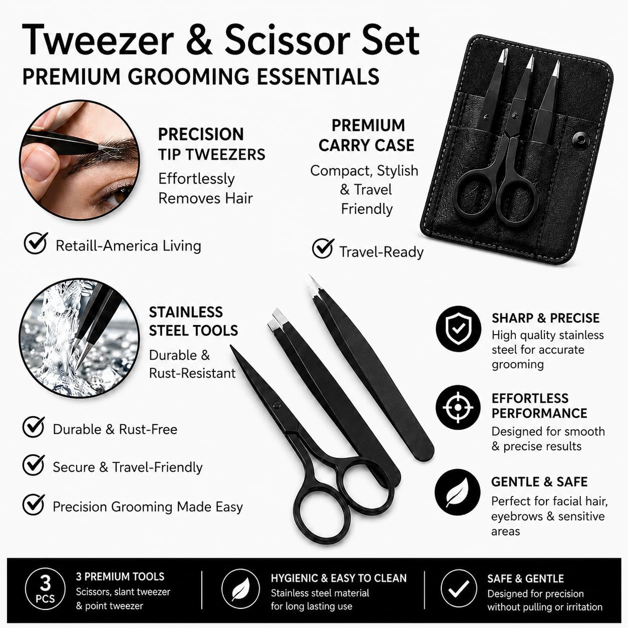 Alphoria Professional Stainless Steel Tweezer Set with Curved Scissors, Precision Eyebrow Tweezers for Facial Hair, Splinter & Ingrown Hair Removal, Leather Travel Case, Grooming Kit for Men & Women