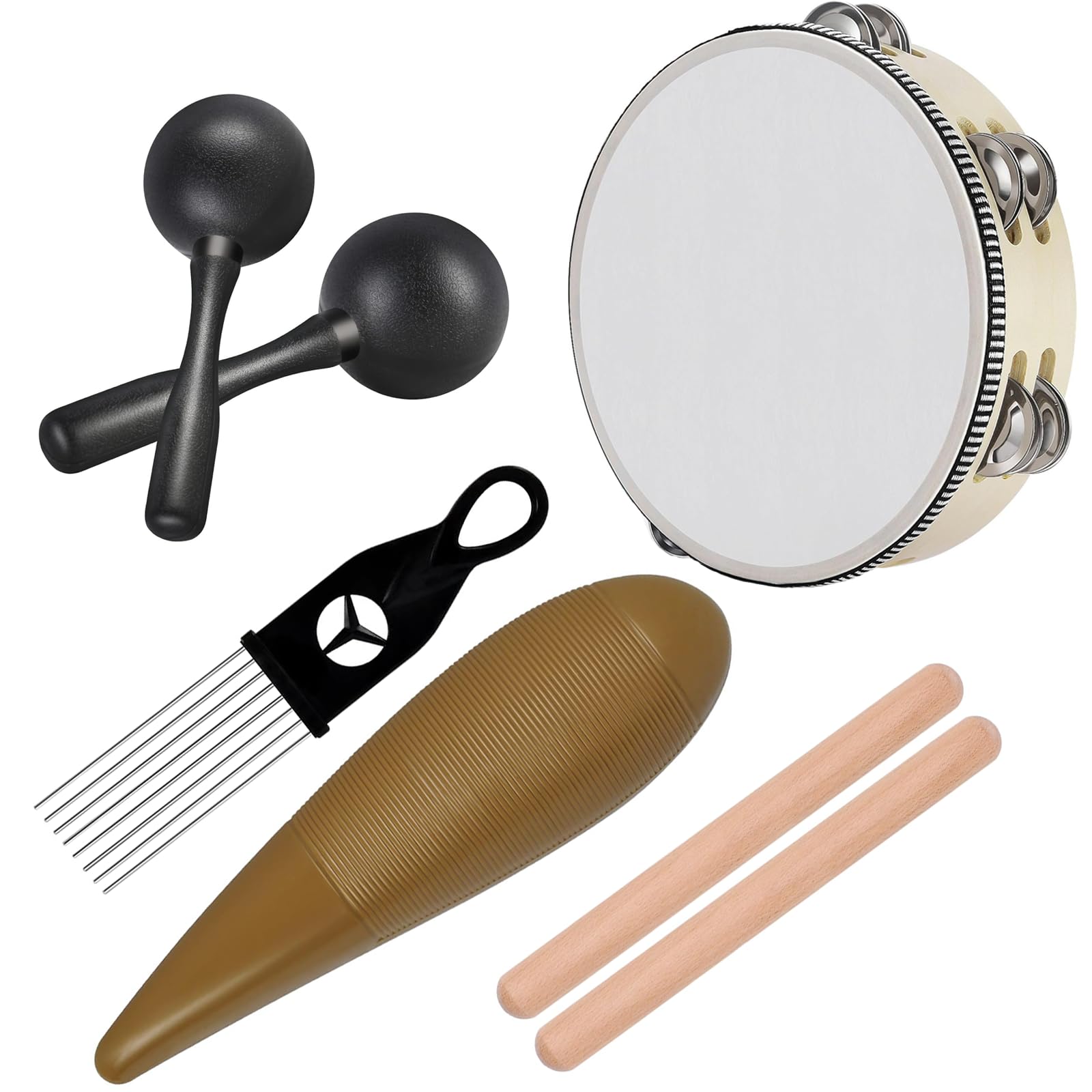 MOONBACK Pandereta para adultos de 8 pulgadas, instrumento Guiro, sonajeros de maracas y palos de ritmo de madera, gran instrumento de percusión para actuaciones en vivo y acompañamiento de banda