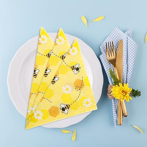 Miniatura 4 de Whaline Servilletas de papel de abeja de 6.5 x 6.5 pulgadas con estampado de margaritas de abejorro, servilletas desechables de almuerzo amarillas