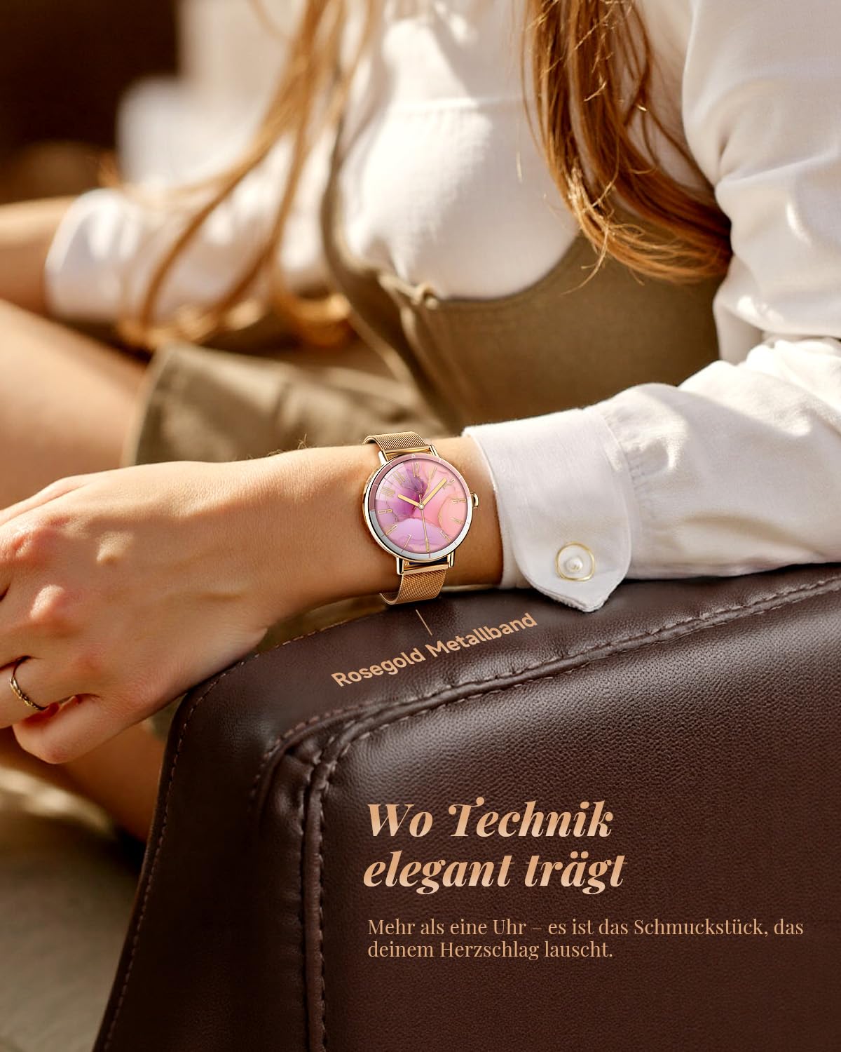 TOOBUR Smartwatch Damen, 40mm Schrittzähler Uhr Rund, Roségold | Fitness Sport Uhr mit Zwei Armbändern, Kompatibel mit Android und iOS, Anrufe Annehmen & Tätigen, IP68 Wasserdicht