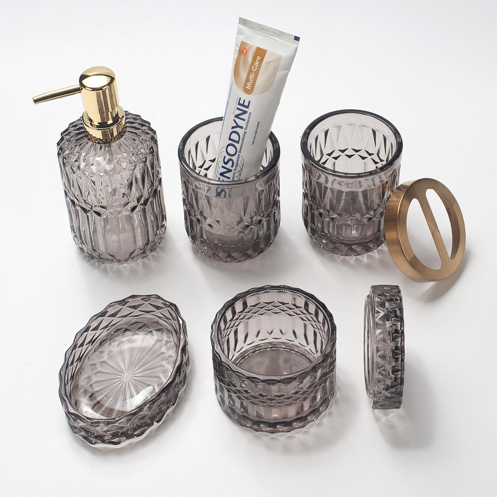 5PCS Grey Glass Bathroom Accessories Sets of Lotion Dispenser, Soap Dish, Toothbrush Holder, Tumbler, Cotton Swab Jars - Image 4