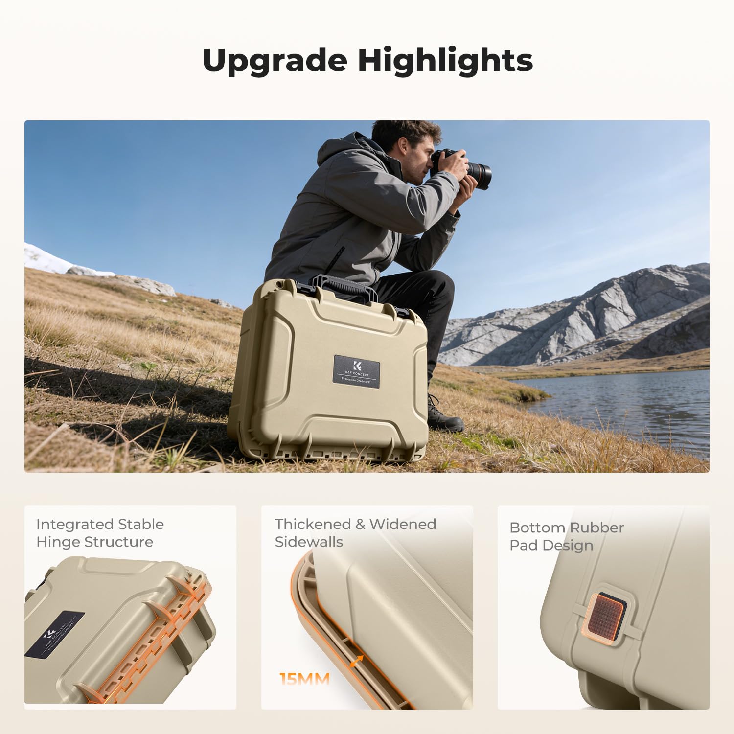 K&F CONCEPT Maletín Rígido, Maletín Fotográfico Exterior Impermeable IP67 y Resistente a los Golpes con Espuma Troquelada para Cámaras, Drones y Lentes | 34.5x29x13.5cm, Beige