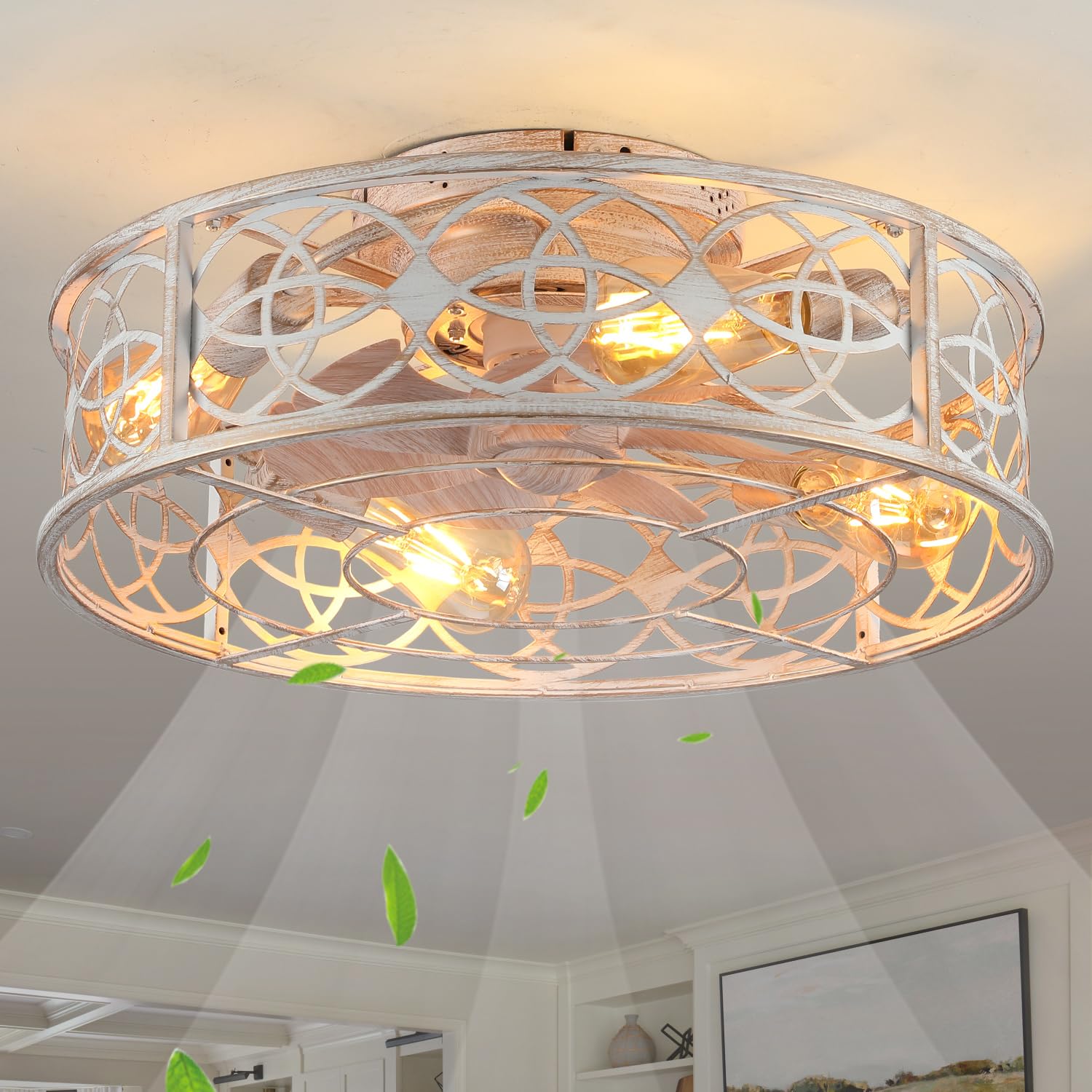 20"Caged Ceiling Fans with Lights Remote Control Industrial Low Profile Flush Mount Ceiling Fan,Farmhouse Bladeless Small Ceiling Fan with Light 4 Bulbs 6 Speed Reversible for Kitchen,Bedroom