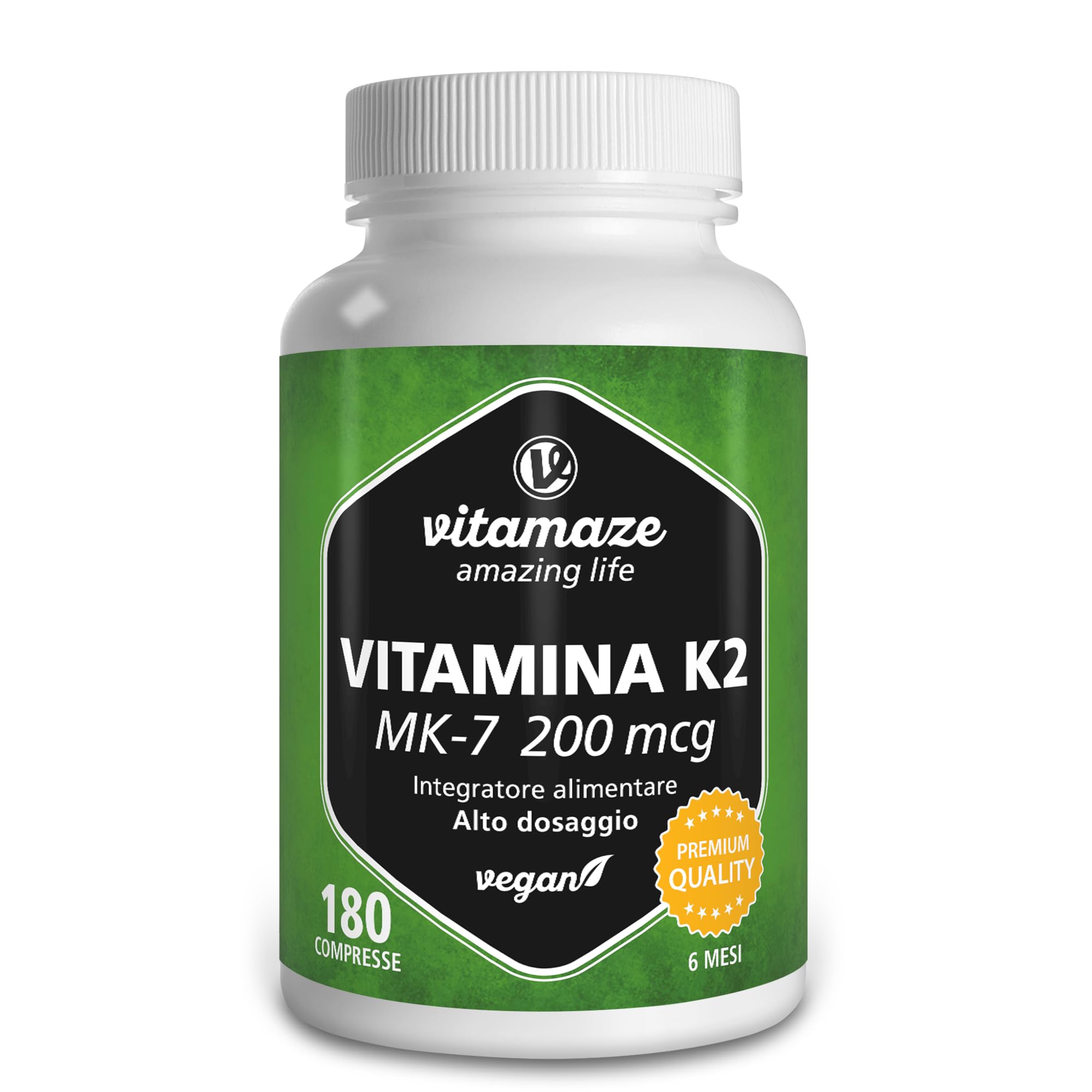 Vitamaze® Vitamina K2 MK-7 200 mcg All Trans 100% Alto Dosaggio Menachinone, 180 Microcompresse Vegan, Qualità Tedesca, Naturale Integratore Alimentare senza Additivi non Necessari
