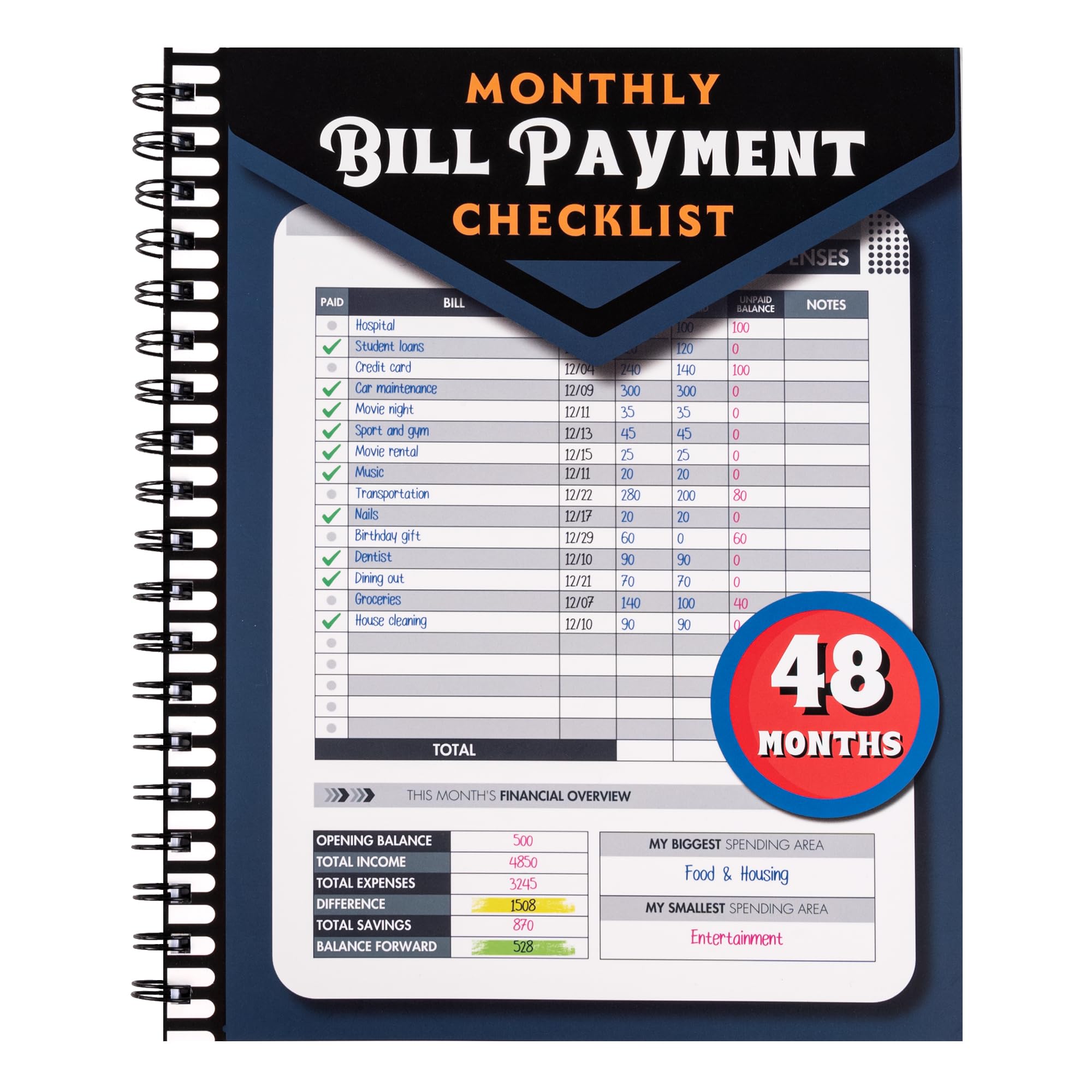 Notewells Monthly Bill Payment Checklist: Bill Tracker Notebook With Spiral Binding 8"x10" The 4-Year Guide for Families & Money Managers, 960 Billing