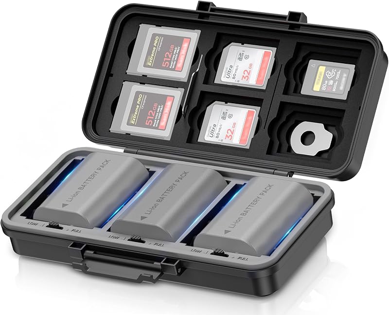 JJC Camera Battery & SD Memory Card Case Holder for Canon Nikon Sony DSLR | Holds up to 3 x Canon LP-E6 Sony NP-Z100 Nikon EN-EL15 Fuji NPW235 & SD CFexpress XQD Cards, Water-Resistant & Shockproof
