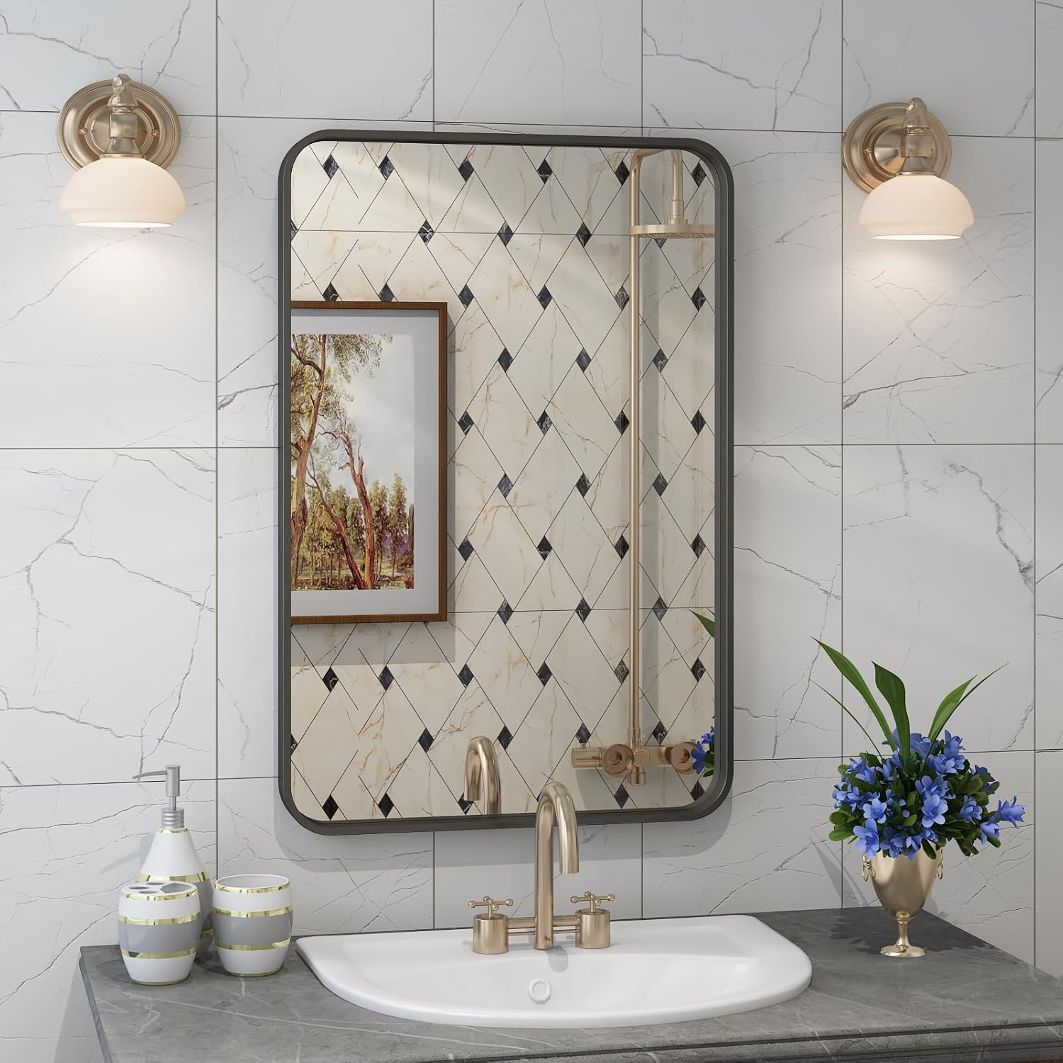 16x24 Bronze Bathroom Mirror, Rounded Rectangle Bronze Frame Mirror, Brushed Bronze Bathroom Vanity Mirror Wall-Mounted, Anti-Rust, Hangs Horizontally or Vertically 24"L x 16"W Bronze