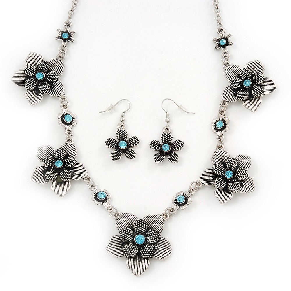 Avalaya Burn Silver Textured 'Flower' Necklace & Drop Earrings Set with Blue Crystals - 40cm Length / 6cm Extension