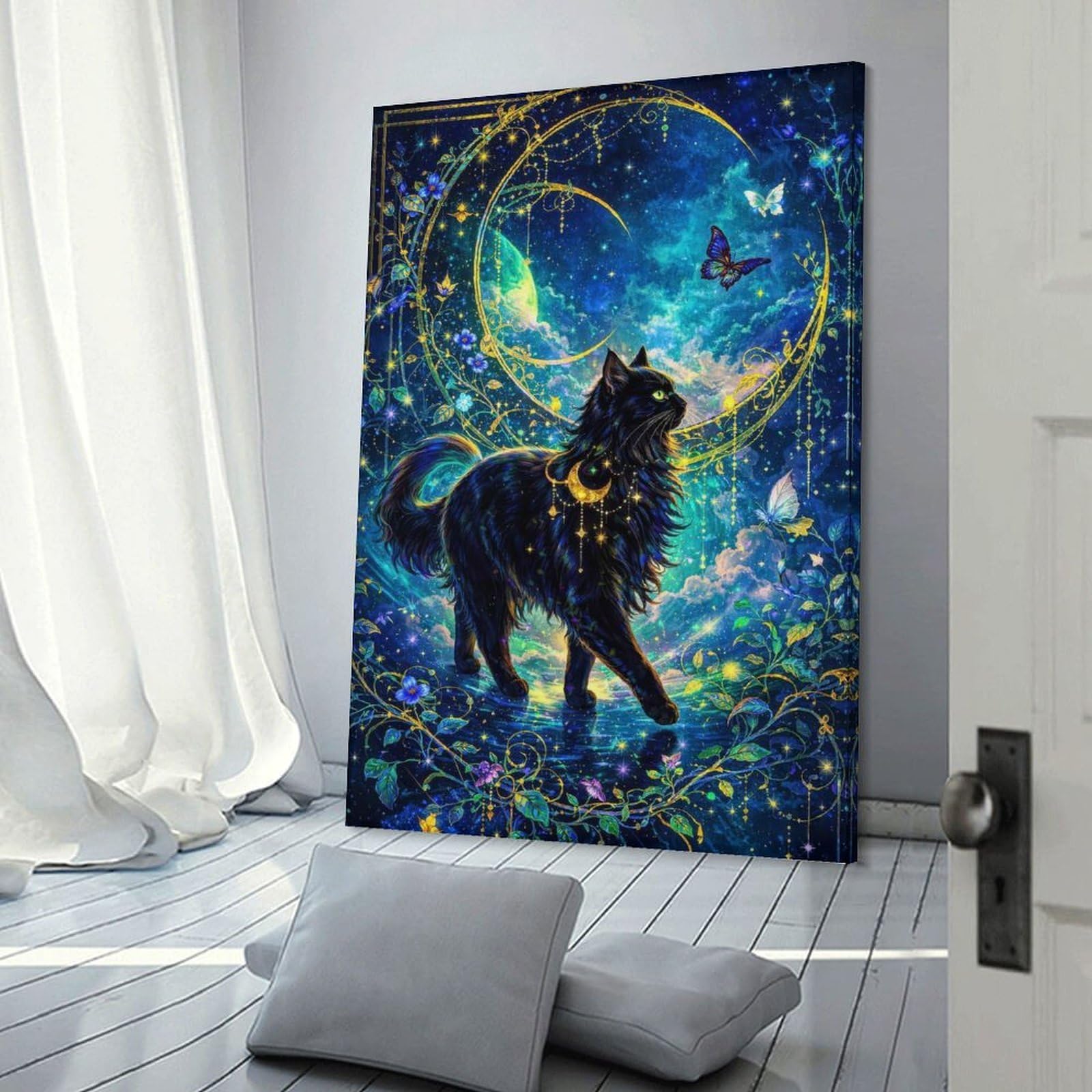 Junmoney Decorative Wall Artwork Enchanting Black Cat Under A Celestial Moon, 24x36inch(60x90cm), for Living Room, Bedroom Or Apartment Walls, Decorative Artwork for Empty Walls