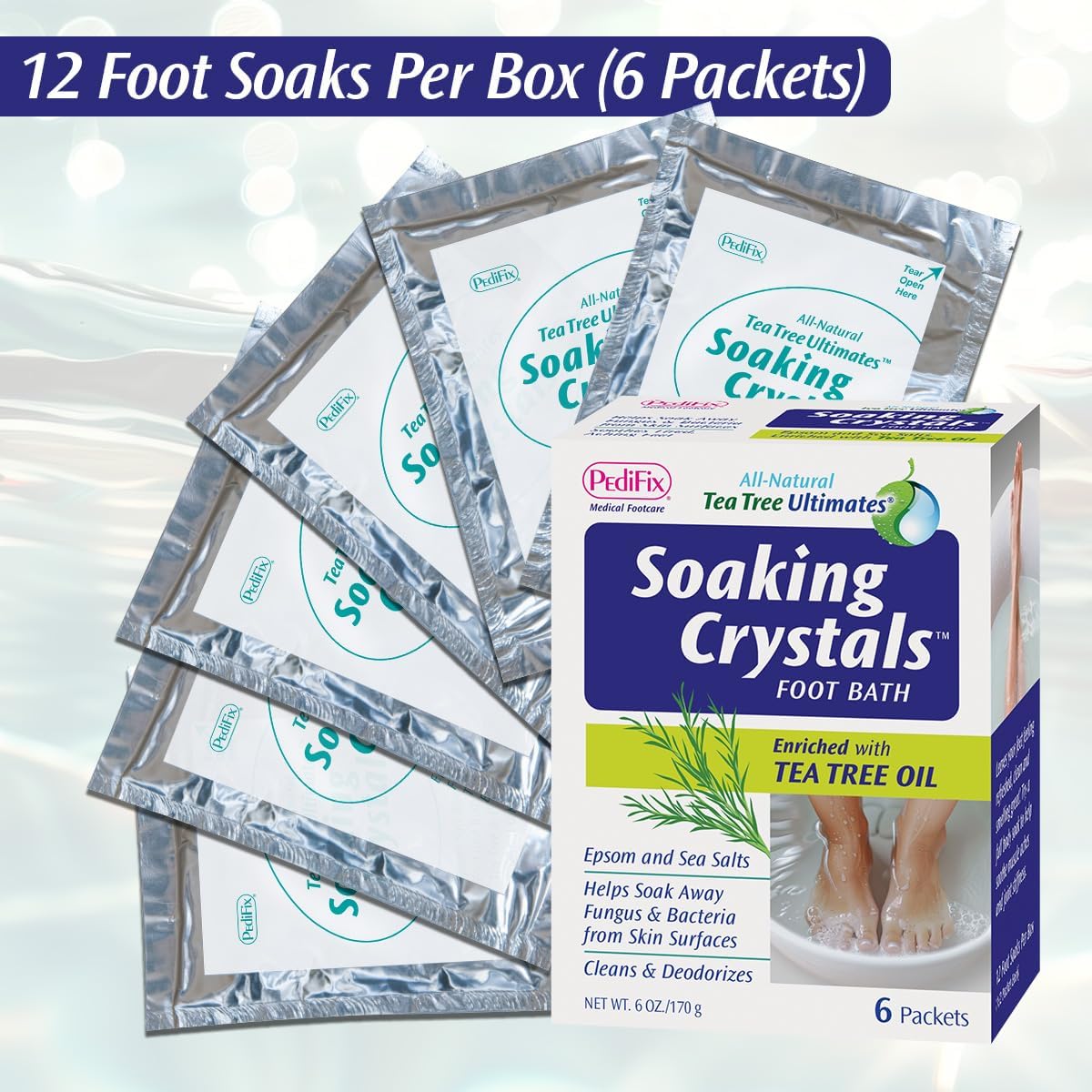 PediFix Soaking Crystals Foot Bath – 6 Packets – Therapeutic Foot Soak with Tea Tree Oil & Epsom Salt for Sore, Tired, Achy Feet
