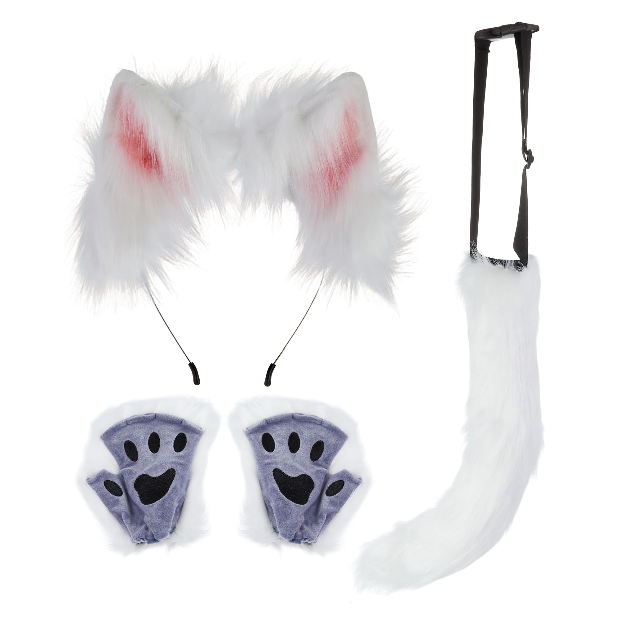 SANSIWU Halloween Fashion Faux Fur Cat Ears Hair Clip Party Costume Ornament Furry Wolf Fox Tail Bell Leather Neck Chocker Cosplay Toy Set (B-White Pink Gloves, One Size) โ image 1