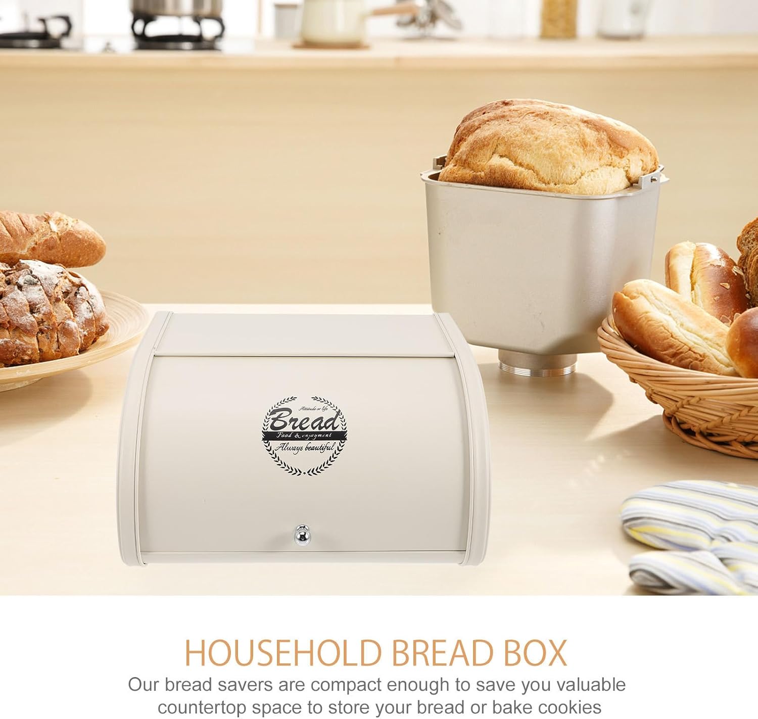 Roll Top Bread Box Countertop Bread Holder with Lid Ivory White for Kitchen Organization