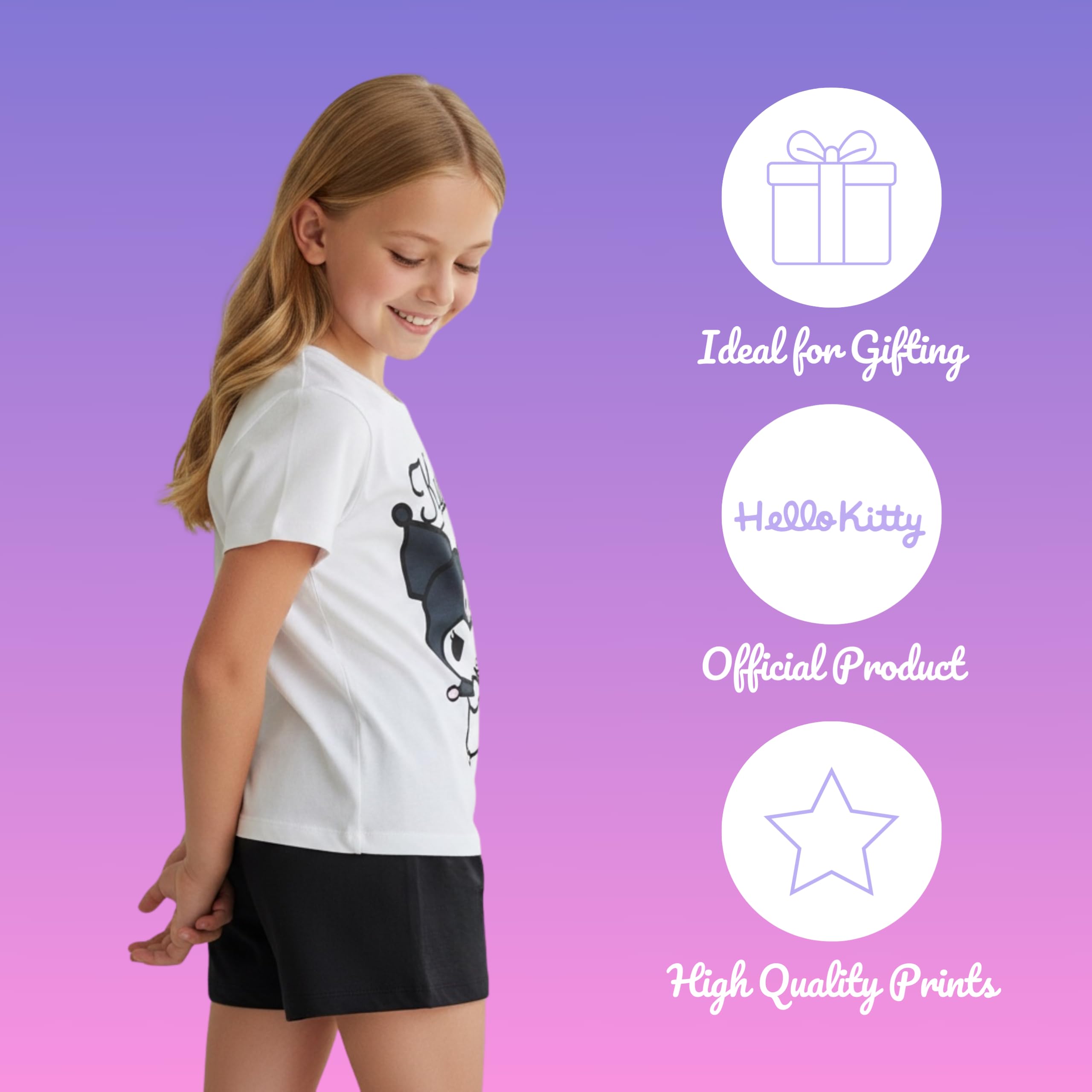 Hello Kitty Kuromi Camiseta y Pantalon para Niña, Conjunto 2 Piezas Camiseta Manga Corta y Pantalon Corto, Tallas 4 a 10 Años