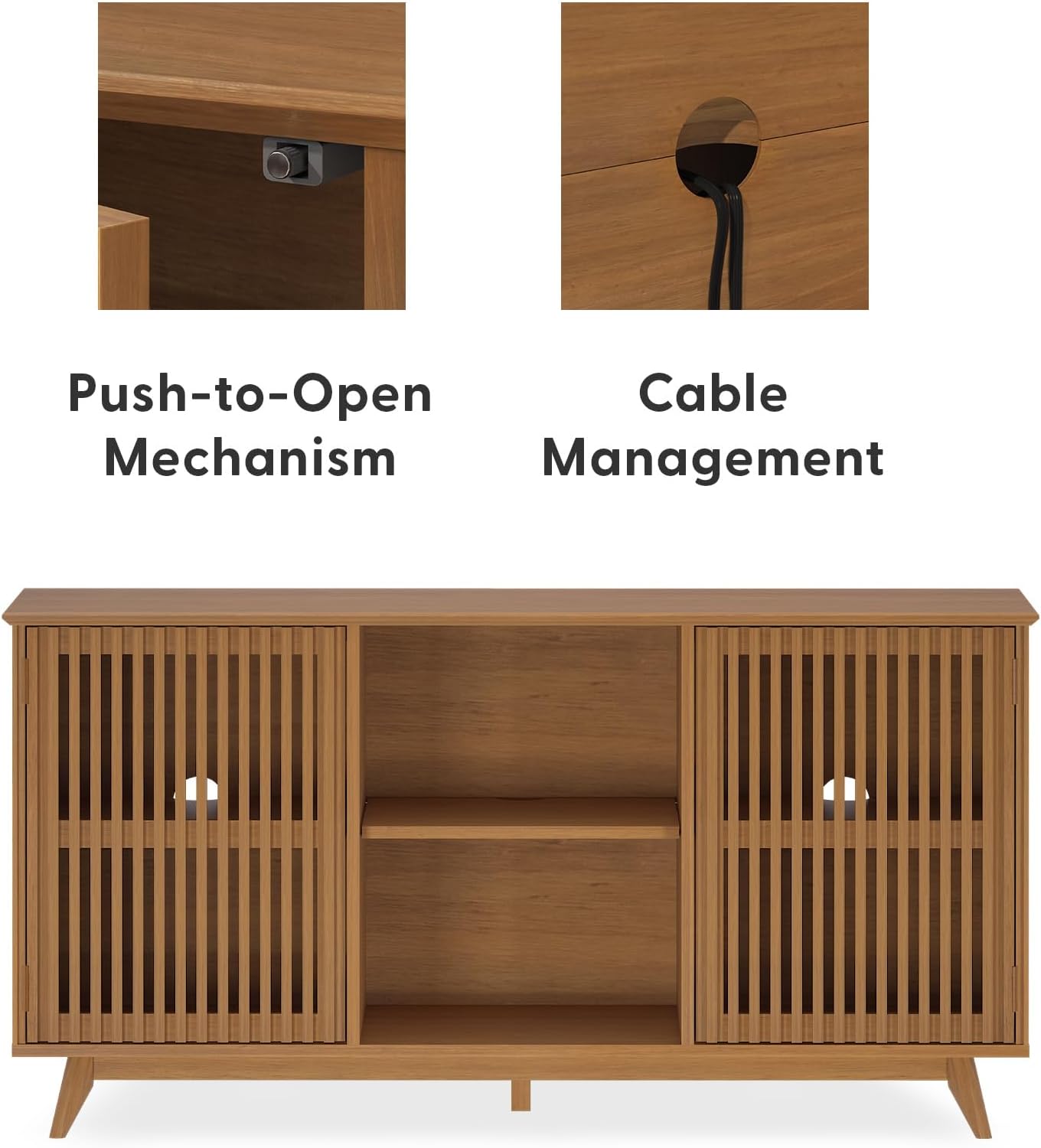 Plank+Beam Mid-Century Modern Wood TV Stand, Solid Wood Entertainment Console with Storage, 59" L x 16" W x 30" H, Pecan