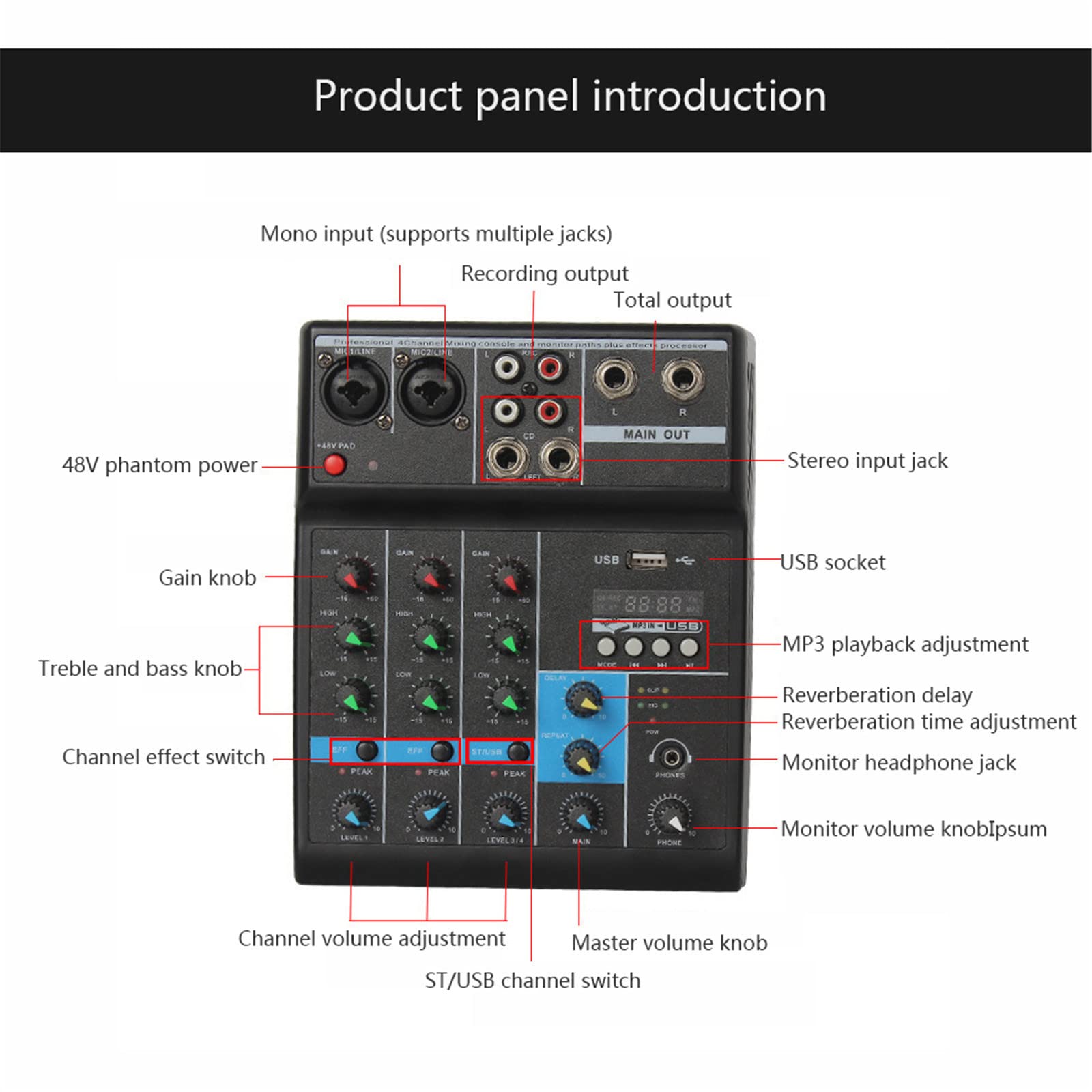 Miksery na żywo 4-kanałowy mikser audio Przenośna płyta dźwiękowa miksera DJ-skiego z interfejsem USB Bluetooth Efekty MP3 do nagrywania, grania, śpiewania