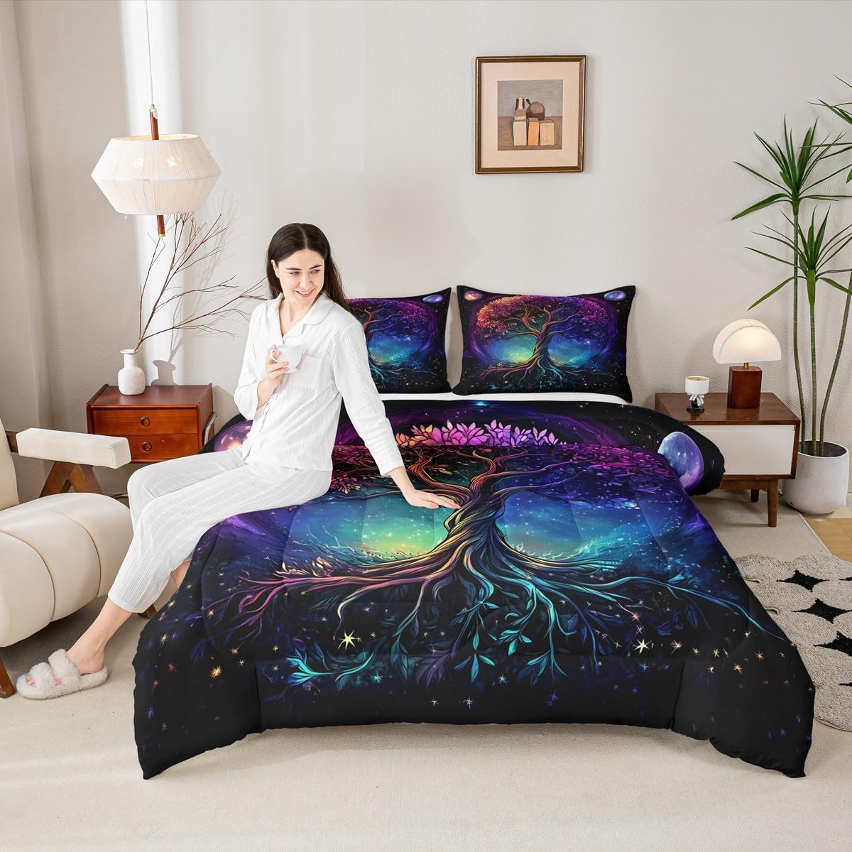 Castle Fairy Boho Life Tree Comforter Set Toddler Size Western Magical Style Bedding Set Bedroom Decor Dreamy Galaxy Nebula Quilt Set for Kids Boys Girls Nature Tree Duvet Insert 2Pcs