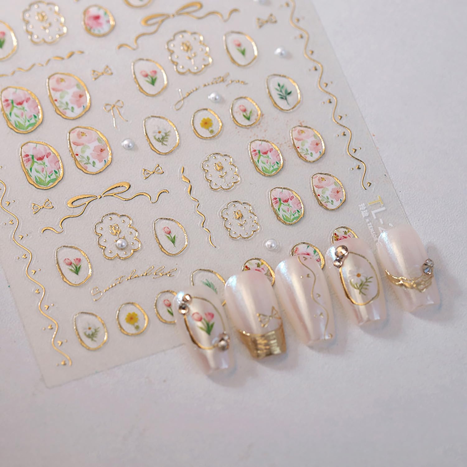 5D Embossed Flower Nail Stickers for Nail Art Self-Adhesive Gold Nail Art Stickers Tulip Floral with Gold Hollow Design Manicure Decorations Spring