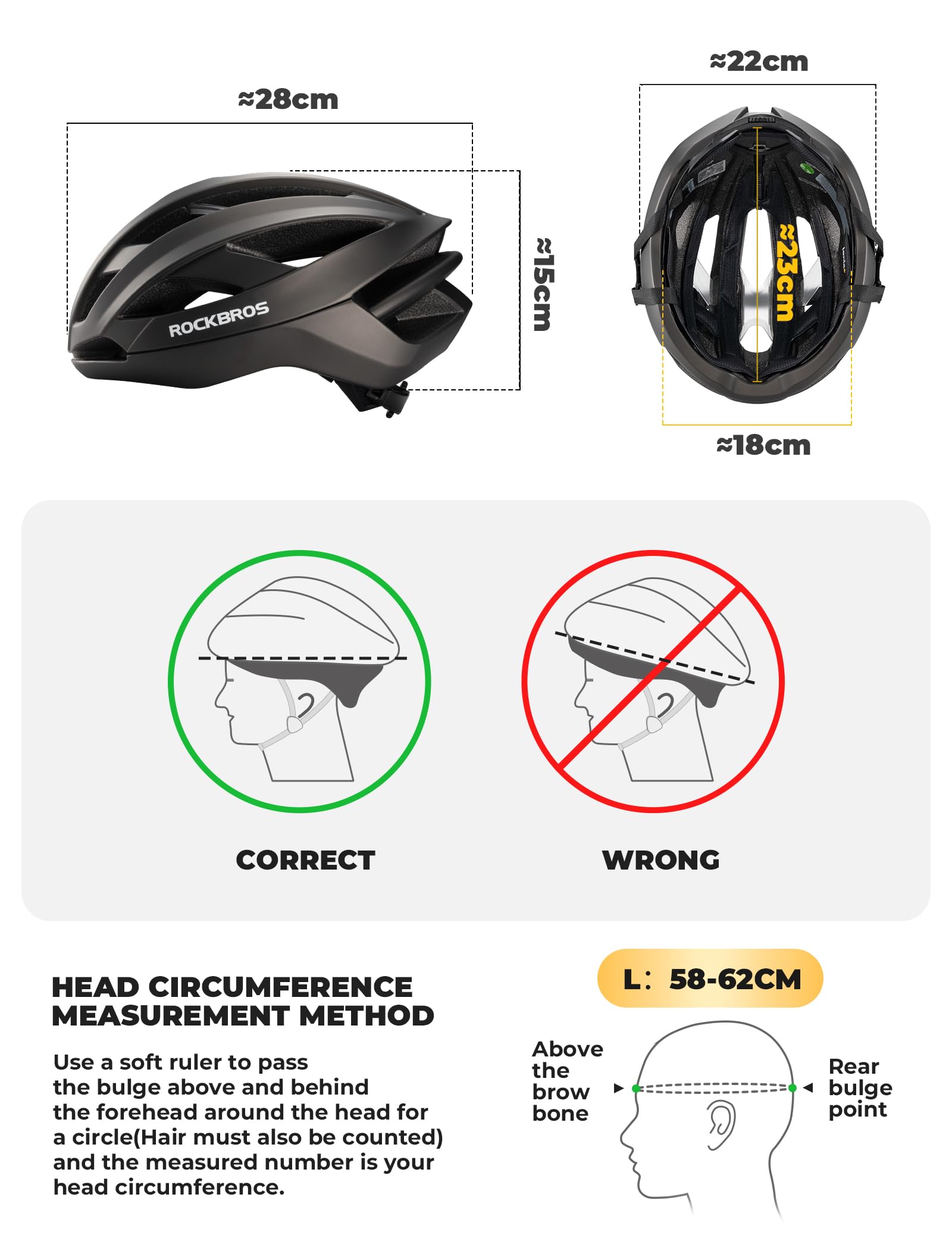 ROCKBROS Fahrradhelm Integrierter Radhelm mit Verstärkungsrahmen, Antimikrobielles Ultraleicht Rennradhelm mit Belüftungssystem für Herren Damen Rennrad MTB, 58-62cm