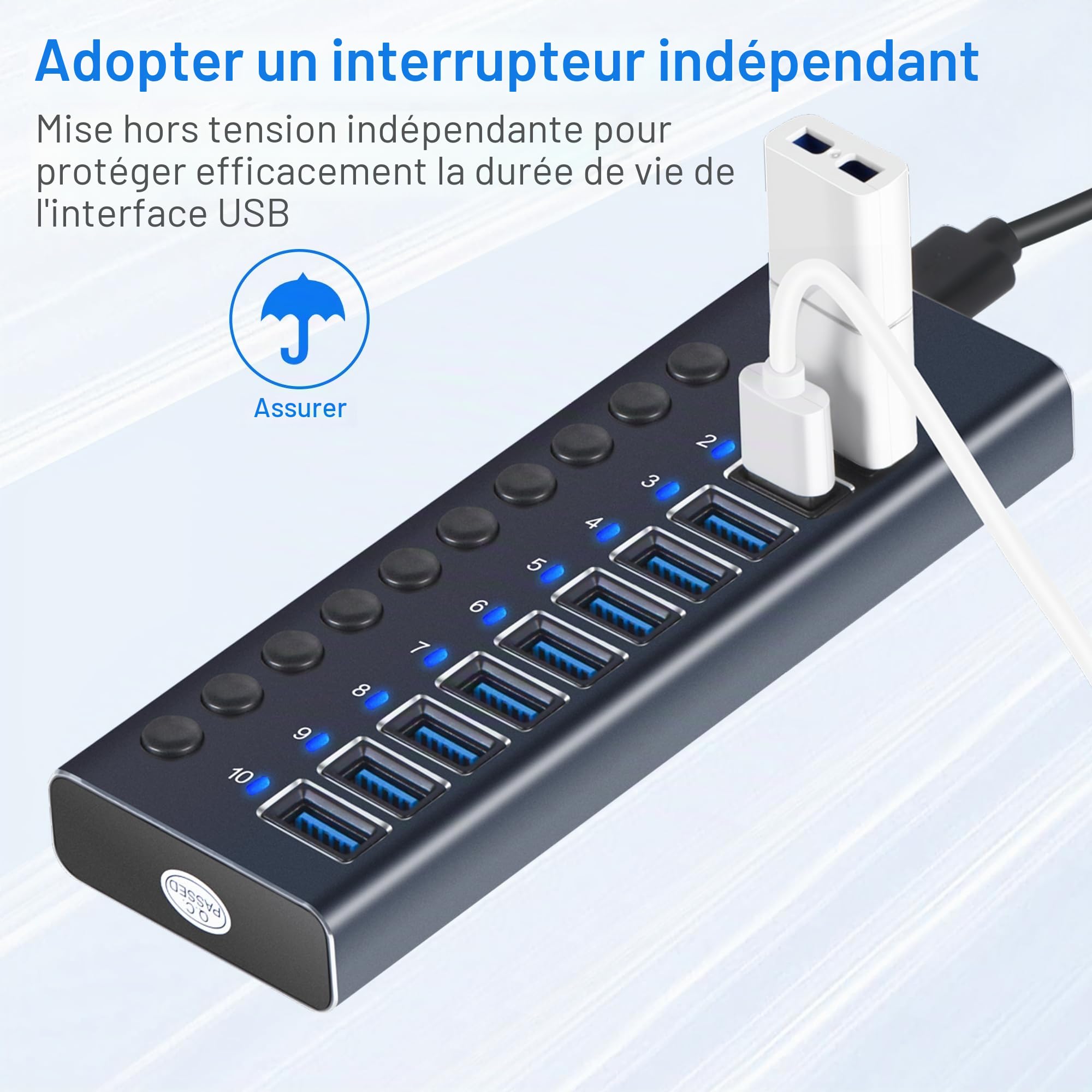 Aktiver Hub mit 72W (24V/3A) Netzteil, 10 Aluminium Ports USB 3.0 Hub zum Laden und Hochgeschwindigkeitsdatentransfer, Multiport USB 3.0 Splitter mit Einzelschaltern, USB-C Adapter