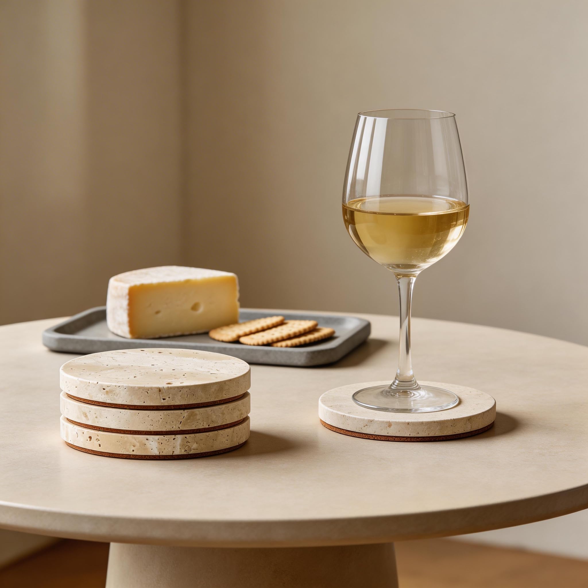 Lot de 4 sous-Verres Ronds en marbre Naturel travertin - Dos en liège antidérapant - Cadeau de Pendaison de crémaillère, Mariage, protège Les Tables Contre Les Taches et Les Rayures (BD140)